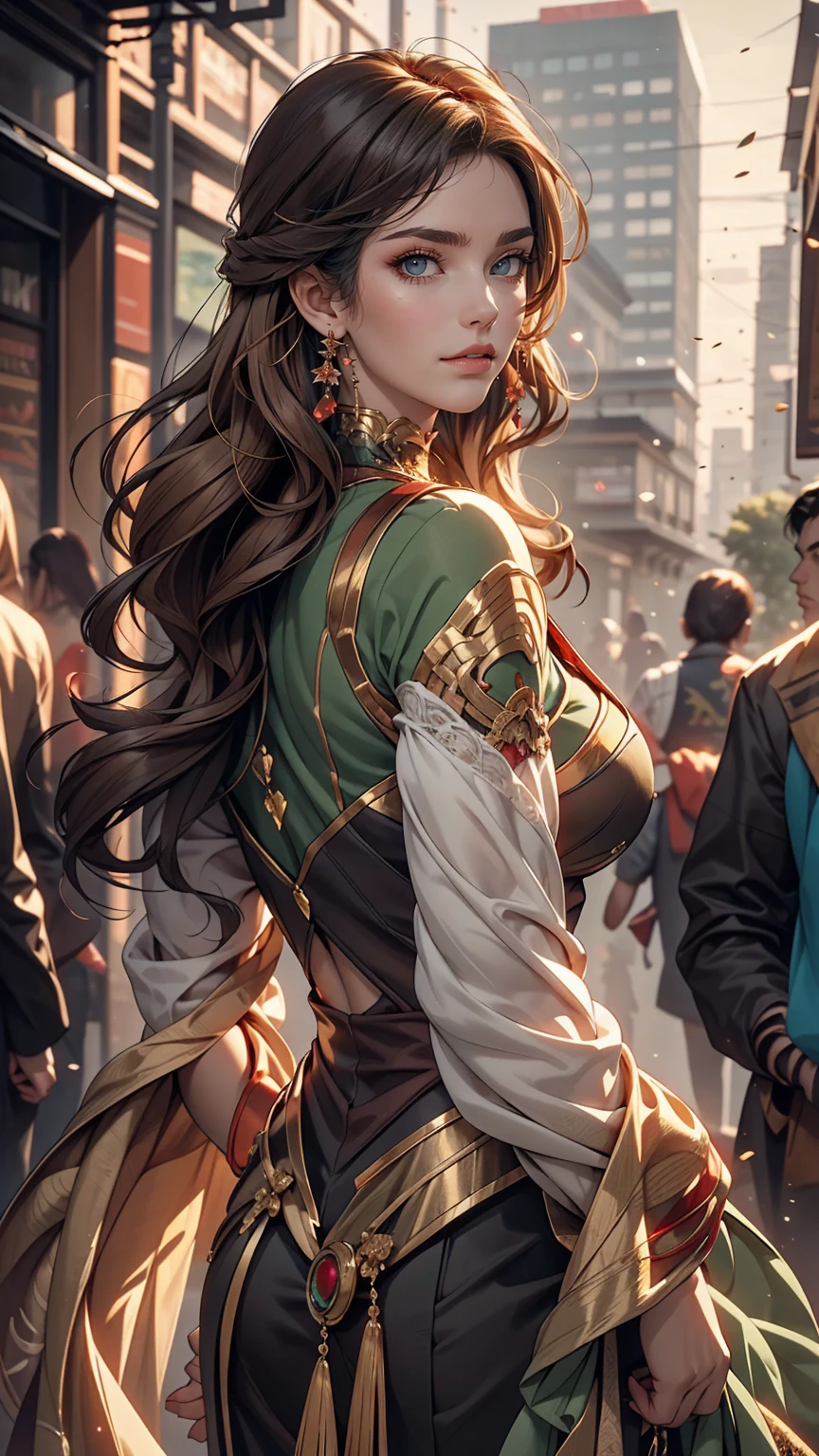 Solo artwork, 1 girl, Her red lips are parted in a seductive smile, The giant Collete Bombas, Bright green eyes, Tightly curled hair, Multicolored Siberian with gold and green highlights, Maroon base, Ombre effect, Reminiscent of Anna LeBeau from X-Men, Side bangs, Side lighting highlights the intricate pores and texture of her smooth skin., Urban Jungle Background, High quality retro illustrations, Capturing the essence of a superheroine character.