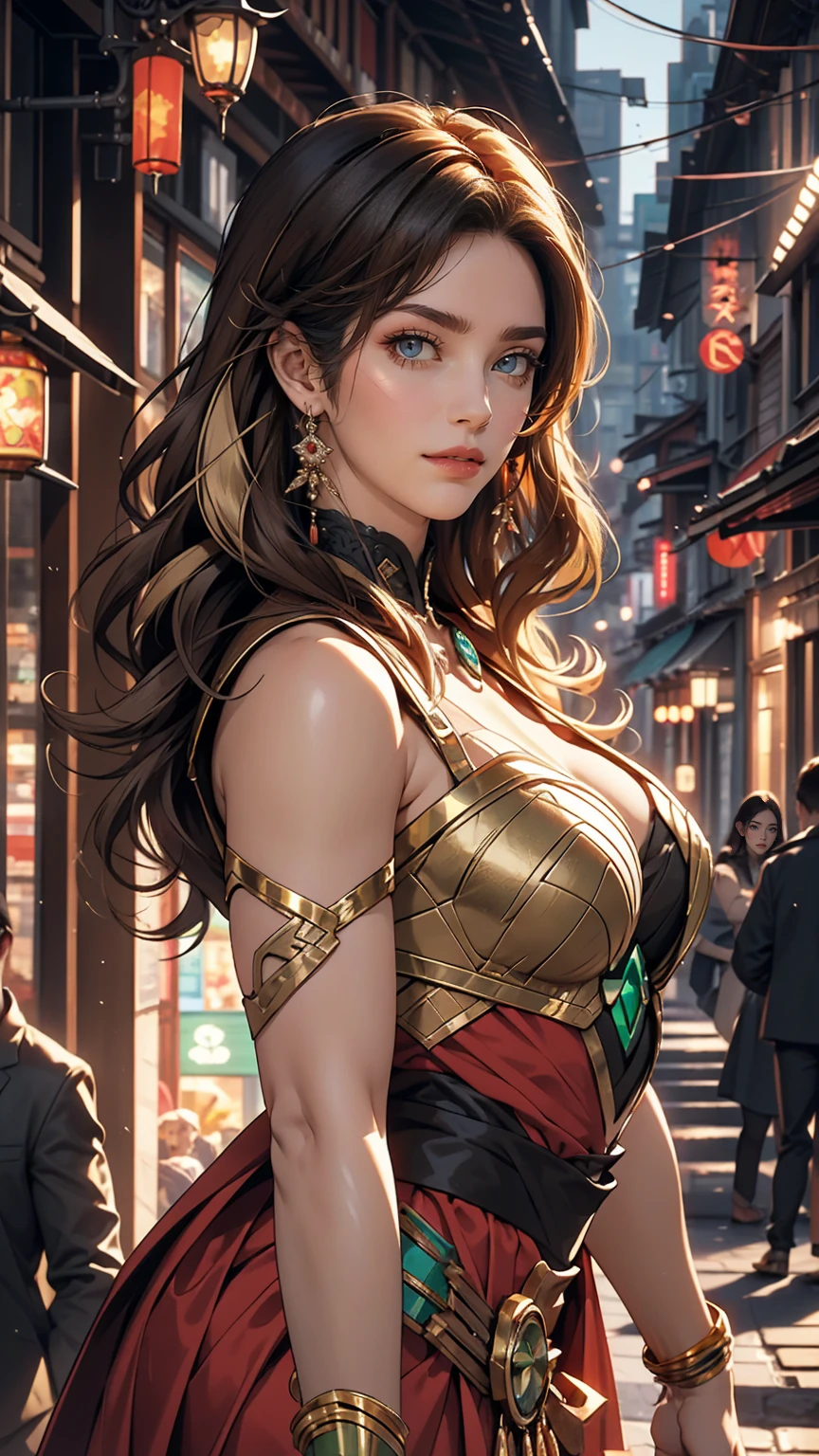 Solo artwork, 1 girl, Her red lips are parted in a seductive smile, The giant Collete Bombas, Bright green eyes, Tightly curled hair, Multicolored Siberian with gold and green highlights, Maroon base, Ombre effect, Reminiscent of Anna LeBeau from X-Men, Side bangs, Side lighting highlights the intricate pores and texture of her smooth skin., Urban Jungle Background, High quality retro illustrations, Capturing the essence of a superheroine character.