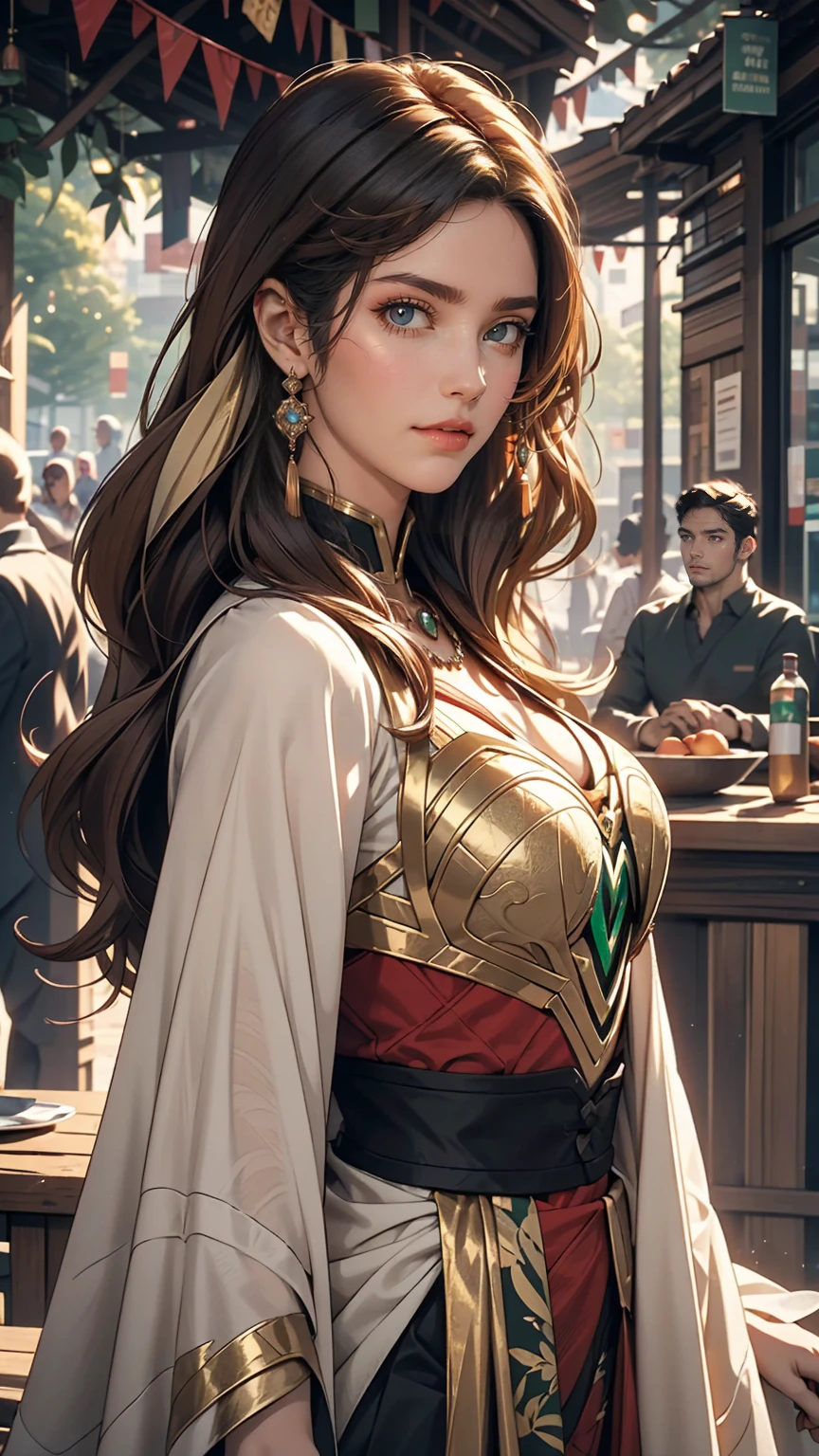 Solo artwork, 1 girl, Her red lips are parted in a seductive smile, The giant Collete Bombas, Bright green eyes, Tightly curled hair, Multicolored Siberian with gold and green highlights, Maroon base, Ombre effect, Reminiscent of Anna LeBeau from X-Men, Side bangs, Side lighting highlights the intricate pores and texture of her smooth skin., Urban Jungle Background, High quality retro illustrations, Capturing the essence of a superheroine character.
