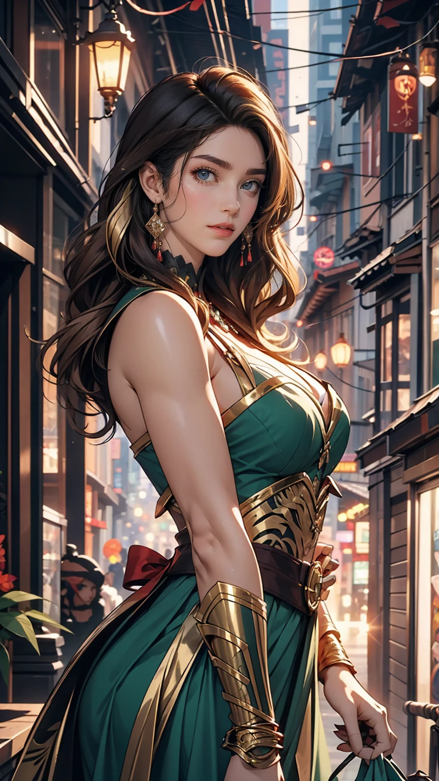 Solo artwork, 1 girl, Her red lips are parted in a seductive smile, The giant Collete Bombas, Bright green eyes, Tightly curled hair, Multicolored Siberian with gold and green highlights, Maroon base, Ombre effect, Reminiscent of Anna LeBeau from X-Men, Side bangs, Side lighting highlights the intricate pores and texture of her smooth skin., Urban Jungle Background, High quality retro illustrations, Capturing the essence of a superheroine character.