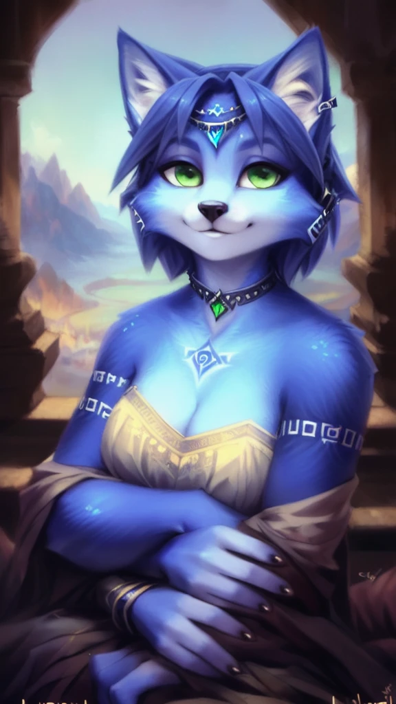 A beautiful and detailed (sweet portrait) von ((Krystal)), Sternenfuchs Krystal, Schlank, liebenswert, green eyes, medium breasts, (((Lange blaue Haare 1.3))),  ((schwarze haarspitzen)), Dekollete, Grinsen, hoch schauen,, anthro, Pelzig, Hochgeladen E621, detailed flauschige fur, (von Fluff-Kevlar, Bayard Wu, Personalami, Pino Daeni), detailliertes Gesicht, (flauschige), 1 girl, Allein, 