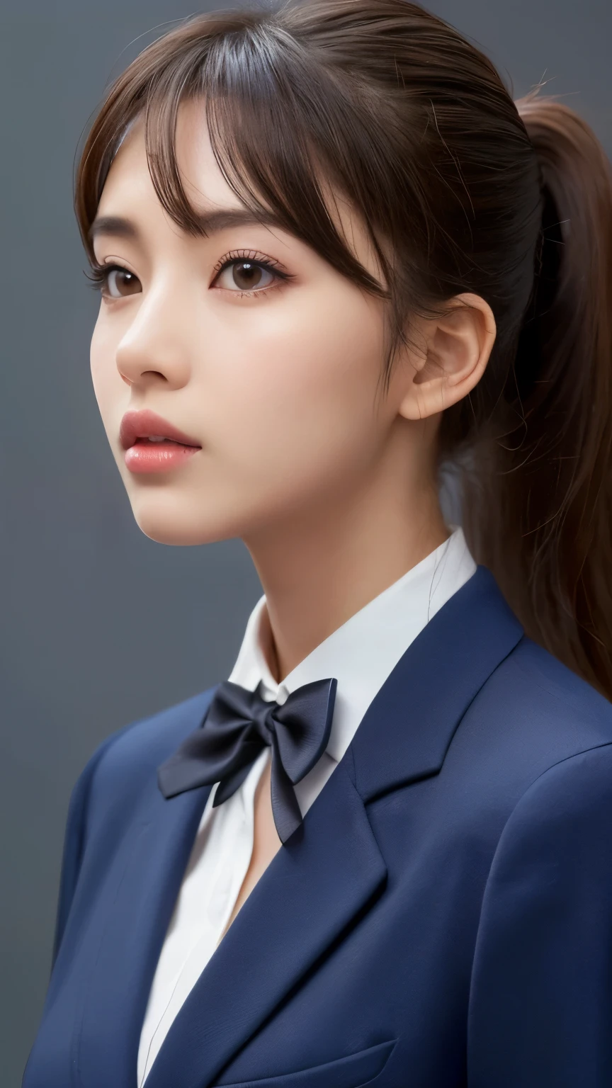 (Face close-up:1.21), (Shut your mouth.:1.21), (highest quality:1.4), 32K resolution, (Realistic:1.5), (Ultra-realistic:1.5), High resolution UHD, (masterpiece:1.2)), (Improvement of quality:1.4), (Very beautiful facial details), (highest qualityのリアルな肌の質感:1.4), 1. woman, Supermodel, 17 years old, Perfect Anatomy:1.37, Japanese woman, high school girl, gravure, sexy, (Japanese navy blue uniform), (Dark blue blazer jacket:1.37), (Collared blouse shirt:1.37), (Lined bow tie:1.21), (Gray background:1.21), Very detailed, (Brown eyes), Symmetrical eyes, Thin lashes, Sharpen your eyebrows, ((A great eye for quality:1.2)), (Long eyeliner), (Pink lipstick:0.8), (Detailed nose:1.2), Perfect composition, (tired, Sleepy and satisfied:0.0), (Beautiful Lips:1.33), (Great nose:1.2), (Flat Chest), (Slim lower body), (Low Ponytail:1.37), (Brown Hair:1.21), Let your bangs hang long, ((Realistic)), ((Sharp focus)), (Highest Resolution), dramatic cinematographic lighting,Nipples