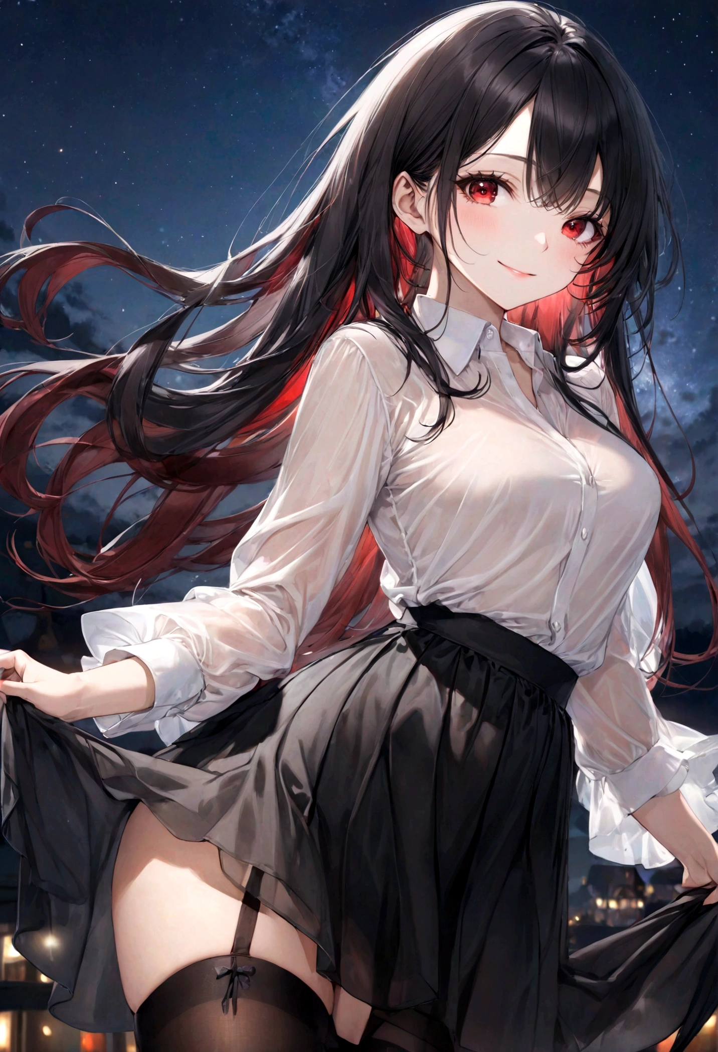 (top-quality)), ((masterpiece)), ((ultra-detailliert)), (extremely delicate and beautiful), jet black hair, long straight hair, beautiful sexy woman, gentle smile, elegant expression, crimson red eyes, sheer crisp white shirt, black skirt, sheer black stockings, night sky background