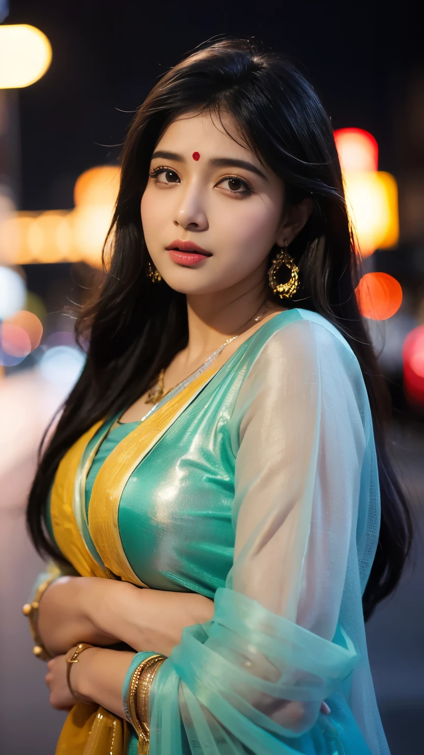 (((desi girl))), chubby face, natural skin, wearing hot deep neck top and dupatta, charming black hair, city streets background, bokeh