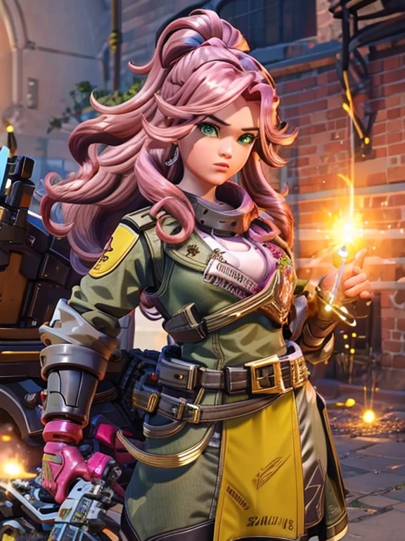 make me a girl, , pink long curly hair, green eyes, yellow and black revealing outfit, pistol, fire powers
