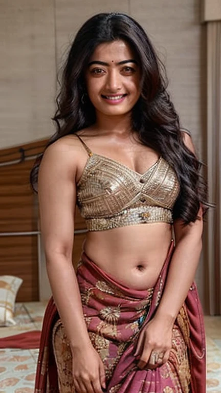  Rashmika Mandanna, 30 year old,1woman,solo,breasts,sarong,eyewear on head,long hair,cleavage, sexy midriff in bedroom