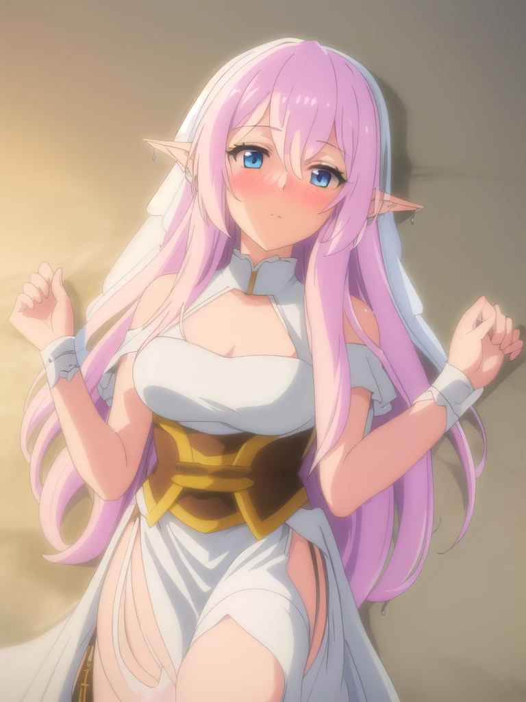 (((Best quality))),((Ultra-detailed)),((illustration)),((Disheveled hair)),((frilld)),(1 girl),(Solo),1girl,blue eyes, long hair, Rating：safe , pointy ears , LavenderBlush hair , elf ， wedding ，wedding dress, veil ， long dress,
