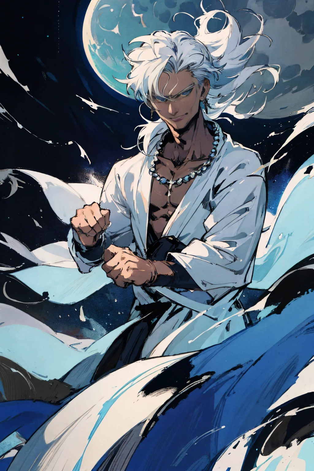 masterpiece,best quality,ultra-detailed,8k,high resolution,clavicle, Bushes, middle part, A little curled, Silver Necklace, Earrings, Face close-up, bangs, white gauze coat,White male、Silver Hair、blue eyes、A fearless smile、Dark Wizard, 30-year-old man, young, sexy, Subjective and sensual poses, space magic, Floating, wave fist,Kamehameha,Wearing a dirty robe,A large moon and magic circle in the background,Gentle Moonlight,Comet in the sky,Hands together,Both fists held at sides,The moment the magic activates
