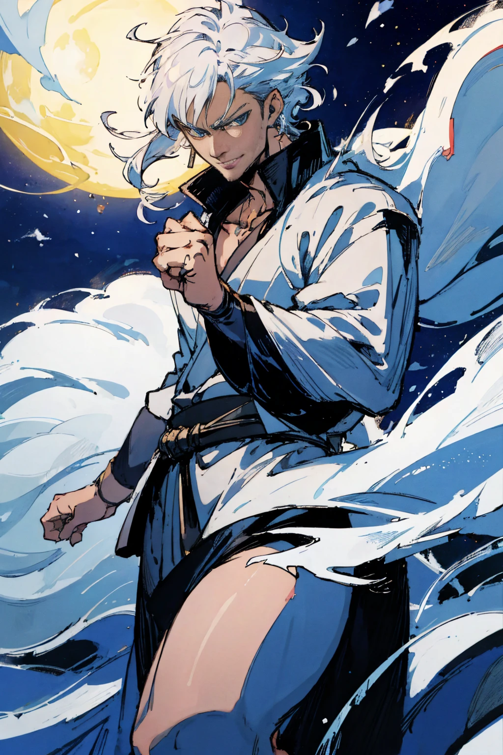 masterpiece,best quality,ultra-detailed,8k,high resolution,clavicle, Bushes, middle part, A little curled, Silver Necklace, Earrings, Face close-up, bangs, white gauze coat,White male、Silver Hair、blue eyes、A fearless smile、Dark Wizard, 30-year-old man, young, sexy, Subjective and sensual poses, space magic, Floating, wave fist,Kamehameha,Wearing a dirty robe,A large moon and magic circle in the background,Gentle Moonlight,Comet in the sky,Hands together,Both fists held at sides,The moment the magic activates