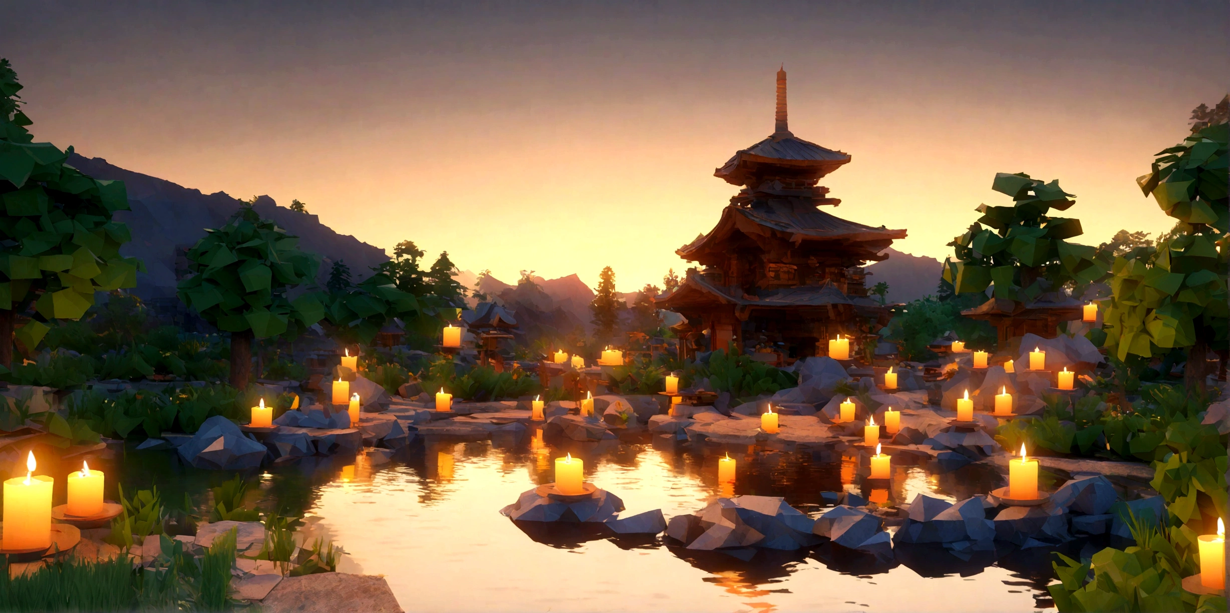 Candles and stones lit in the pond, Low-poly rendering by Alexander Kucharsky, Shutterstock, Digital Art, Peaceful atmosphere, Zen Nature Background, Relaxed atmosphere, Relaxing environment, Calm evening atmosphere, Quiet landscape, Zen temple background, Relaxing concept art, Quiet and peaceful atmosphere, Warm and beautiful scenery, Peaceful environment, relaxed mood, Detailed cinematic rendering