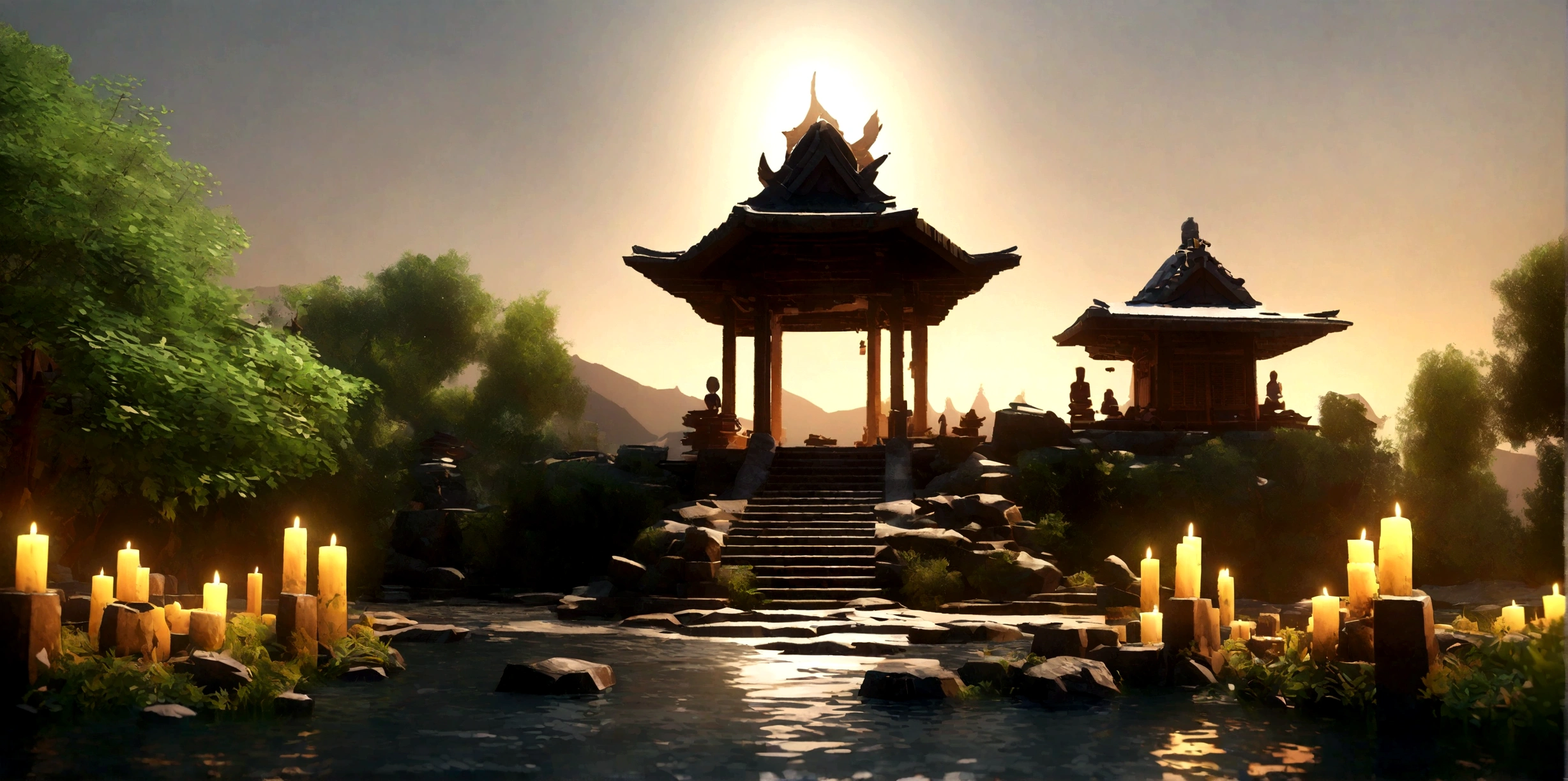 Candles and stones lit in the pond, Low-poly rendering by Alexander Kucharsky, Shutterstock, Digital Art, Peaceful atmosphere, Zen Nature Background, Relaxed atmosphere, Relaxing environment, Calm evening atmosphere, Quiet landscape, Zen temple background, Relaxing concept art, Quiet and peaceful atmosphere, Warm and beautiful scenery, Peaceful environment, relaxed mood, Detailed cinematic rendering