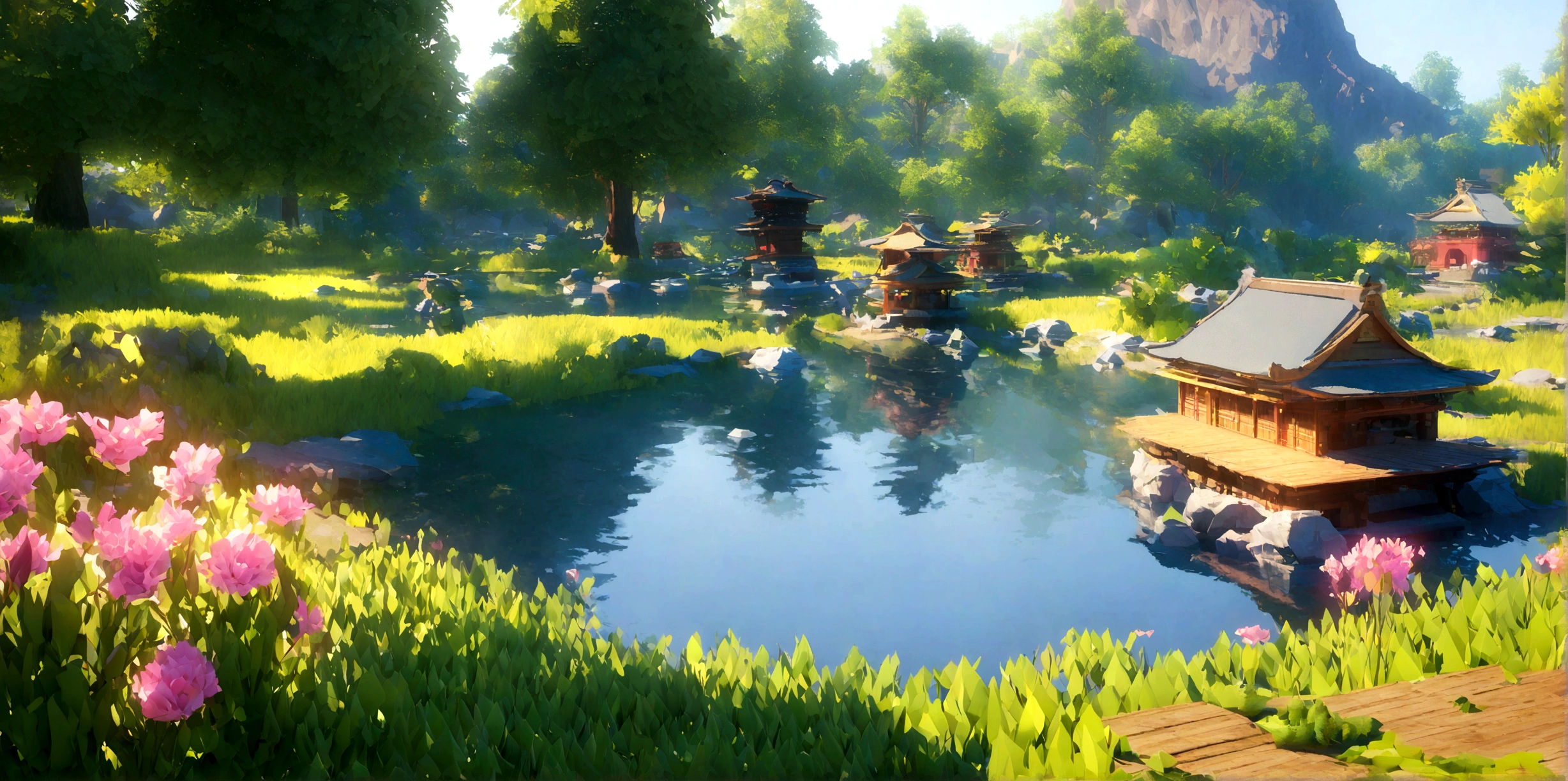 Candles and stones lit in the pond, Low-poly rendering by Alexander Kucharsky, Shutterstock, Digital Art, Peaceful atmosphere, Zen Nature Background, Relaxed atmosphere, Relaxing environment, Calm evening atmosphere, Quiet landscape, Zen temple background, Relaxing concept art, Quiet and peaceful atmosphere, Warm and beautiful scenery, Peaceful environment, relaxed mood, Detailed cinematic rendering