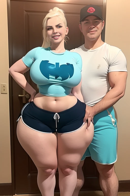 High resolution, (((two people in picture))), (one is a mature white girl, (((bimbo))), thick, long blonde, ponytail, she is smiling , very big wide hips, thick thighs, hourglass figure, small round breast, ((she's wearing dolphin shorts))), (the other is a young muscular man, he's in shorts and a T-shirt, the man standing beside her, (((he's standing very close to her with his hand groping her hip))), (((they're both looking at the viewer smiling))), (((he's groping her hip))), (((he's grabbing her ass)))