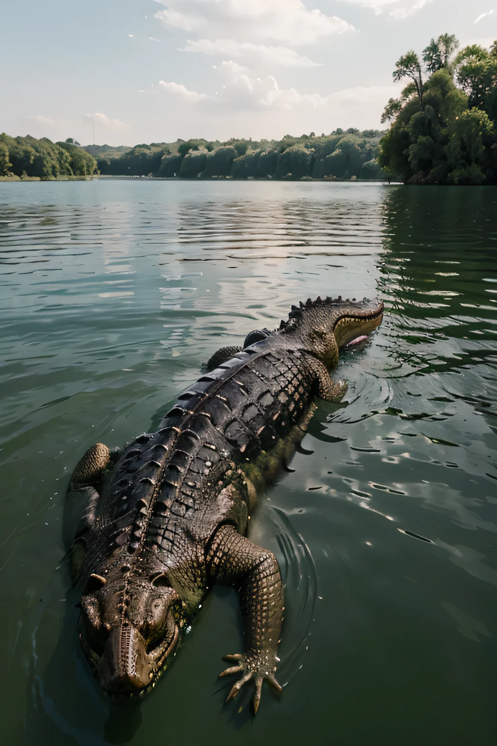 A realistic crocodile lurking in the middle of the lake swimming，Only the front half is exposed，The rear half of the body is in the water