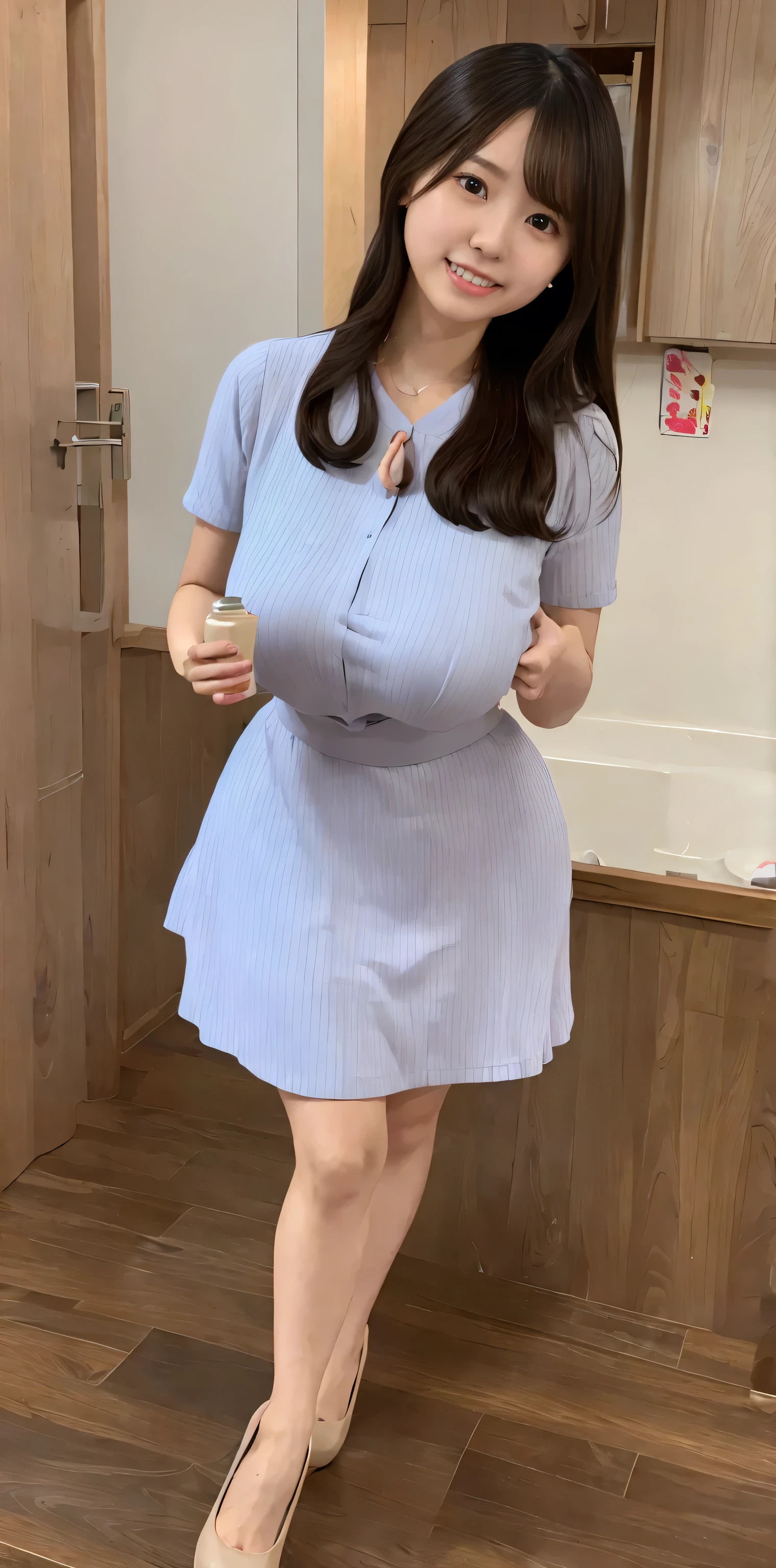 (Highest quality, highest quality, 8k, RAW quality), Japanese maid, Mature Woman, ((Slightly thicker, Round face, About 40)),  Wavy black hair with no bangs, Long Hair, Flashy makeup, Fuller lips, Sexy Gaze, uniform, ((dressing)), Looking into the camera, Low angle shooting, Cute duck mouth,((Extremely precise and accurate anatomy)),  (masterpiece:1.43), Perfect balance, Realistic photos, Full Shot, whole body, (height: 148cm), High heels Has two legs,Has two arms、Has two legs, You need two arms)) 
