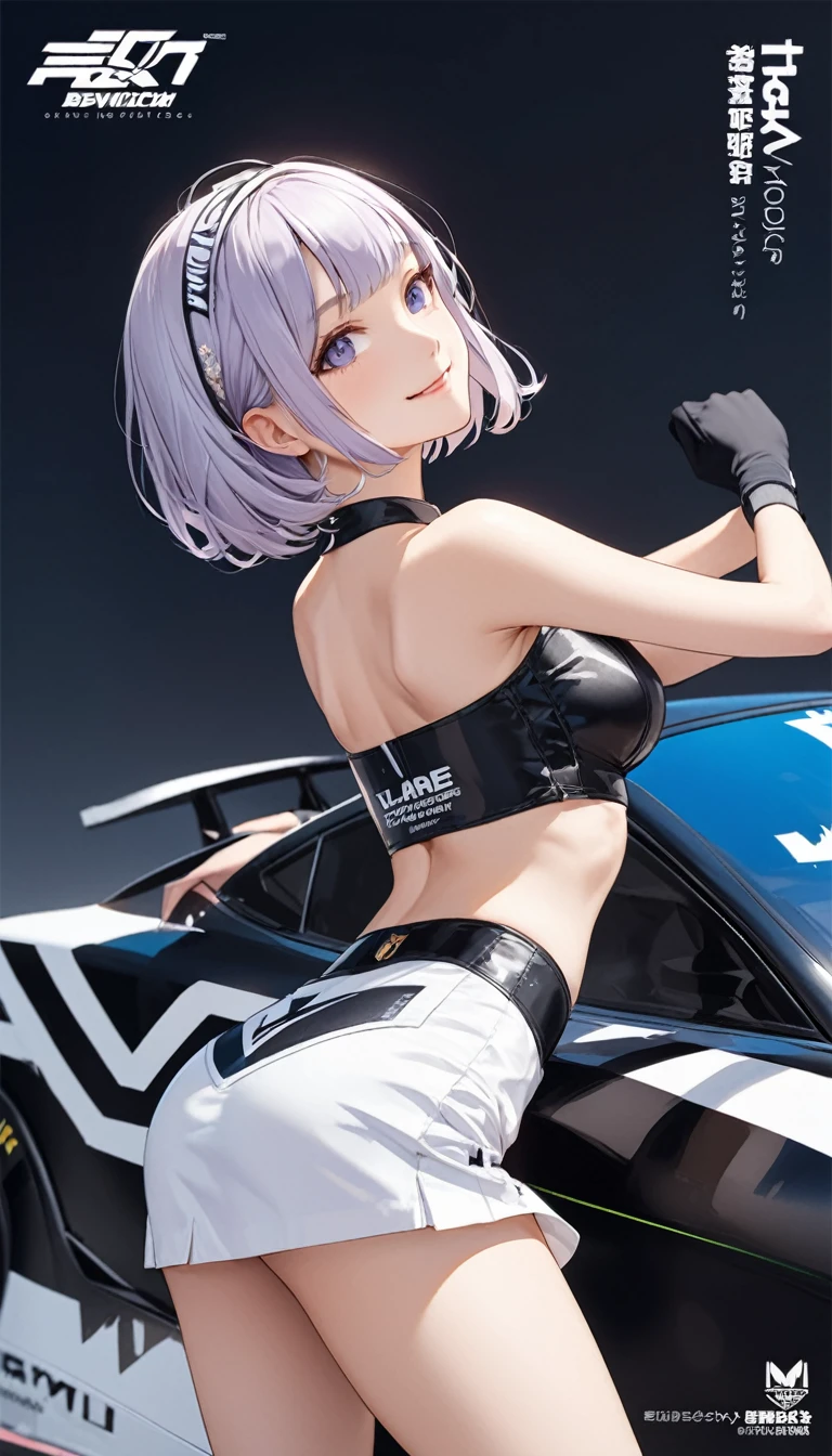 One Girl、Beautiful silver hair、((((Very short hair))))、blue eyes、(hair band)、(((Blunt bangs))), 24-years-old、 (((black skin)), (((Sunburned))), Tight waist、Monte Carlo Street Circuit, Racing Car, Racing Bike, Promotion Girl, Grid Girls, The promotional costumes are exquisitely tailored., paying meticulous attention to detail, Lace-up boots, Short sleeve, Cropped tops, , Tube top bra, Knee-length, Exposing shoulders, Knee-lengthグリッターナイロンプリーツスカート, Asymmetrical medium size nylon pleated skirt, Promotional wear with logo, Red and white glitter promotional wear、((Medium chest)), smile、Fine details, (((Underbust))), smile、sexy pose, bewitching pose, arched back, back shot,