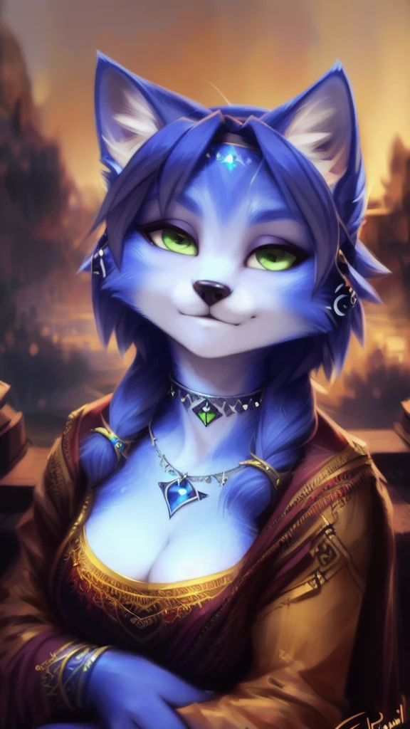 A beautiful and detailed (sweet portrait) von ((Krystal)), Sternenfuchs Krystal, Schlank, liebenswert, green eyes, medium breasts, (((Lange blaue Haare 1.3))),  ((schwarze haarspitzen)), Dekollete, Grinsen, hoch schauen,, anthro, Pelzig, Hochgeladen E621, detailed flauschige fur, (von Fluff-Kevlar, Bayard Wu, Personalami, Pino Daeni), detailliertes Gesicht, (flauschige), 1 girl, Allein, 