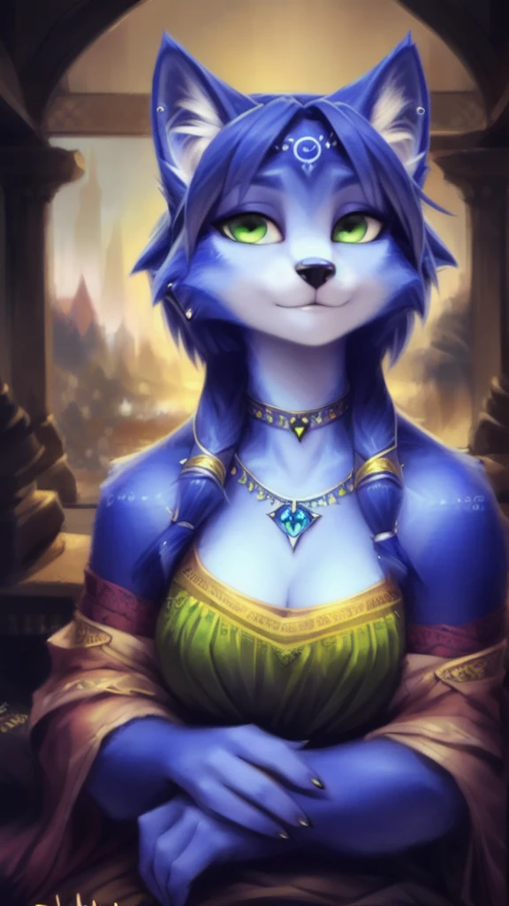 A beautiful and detailed (sweet portrait) von ((Krystal)), Sternenfuchs Krystal, Schlank, liebenswert, green eyes, medium breasts, (((Lange blaue Haare 1.3))),  ((schwarze haarspitzen)), Dekollete, Grinsen, hoch schauen,, anthro, Pelzig, Hochgeladen E621, detailed flauschige fur, (von Fluff-Kevlar, Bayard Wu, Personalami, Pino Daeni), detailliertes Gesicht, (flauschige), 1 girl, Allein, 