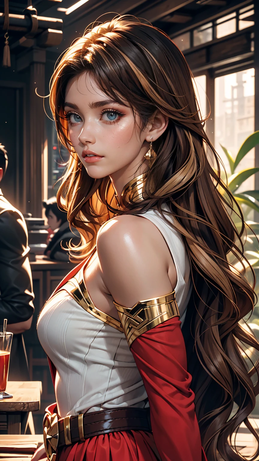 Solo artwork, 1 girl, Her red lips are parted in a seductive smile, The giant Collete Bombas, Bright green eyes, Tightly curled hair, Multicolored Siberian with gold and green highlights, Maroon base, Ombre effect, Reminiscent of Anna LeBeau from X-Men, Side bangs, Side lighting highlights the intricate pores and texture of her smooth skin., Urban Jungle Background, High quality retro illustrations, Capturing the essence of a superheroine character.
