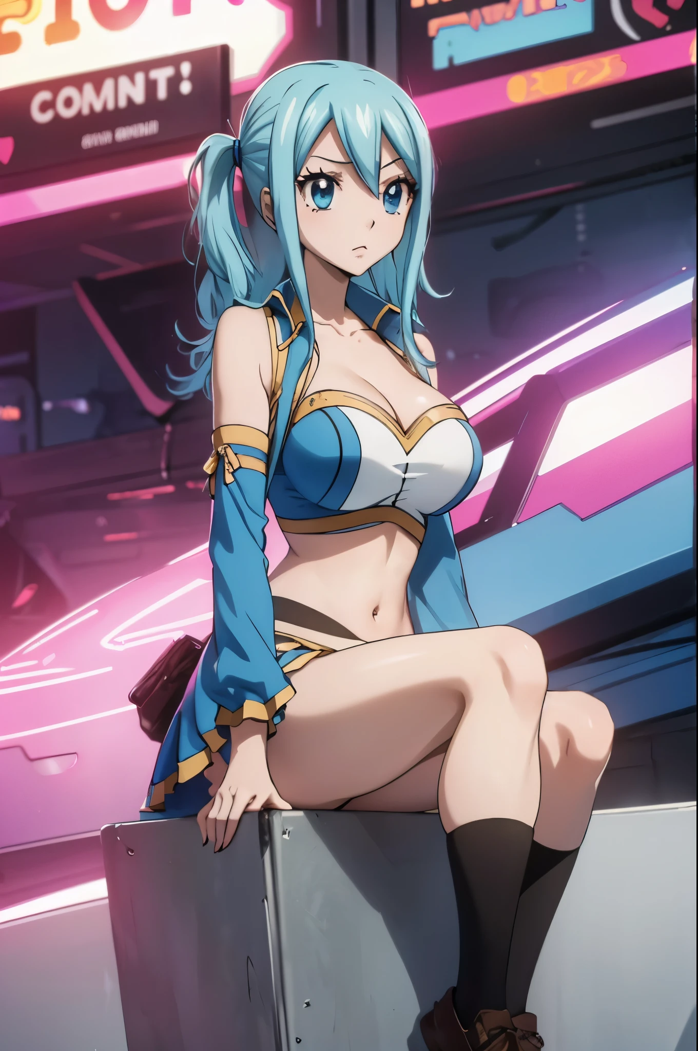 (best quality,highres:1.2),ultra-detailed,realistic,photorealistic:1.37,a beautiful girl (Lucy Heartfillia from Fairy Tail) model in a pop style,18 years old,long legs,medium breasts,extremely detailed face (with emphasis on azure eyes),wearing tight-fitting clothes (exposing the stomach),sitting in a perfect split pose,illustration,colorful pop art style,dynamic lighting,neon colors,sunglasses on head