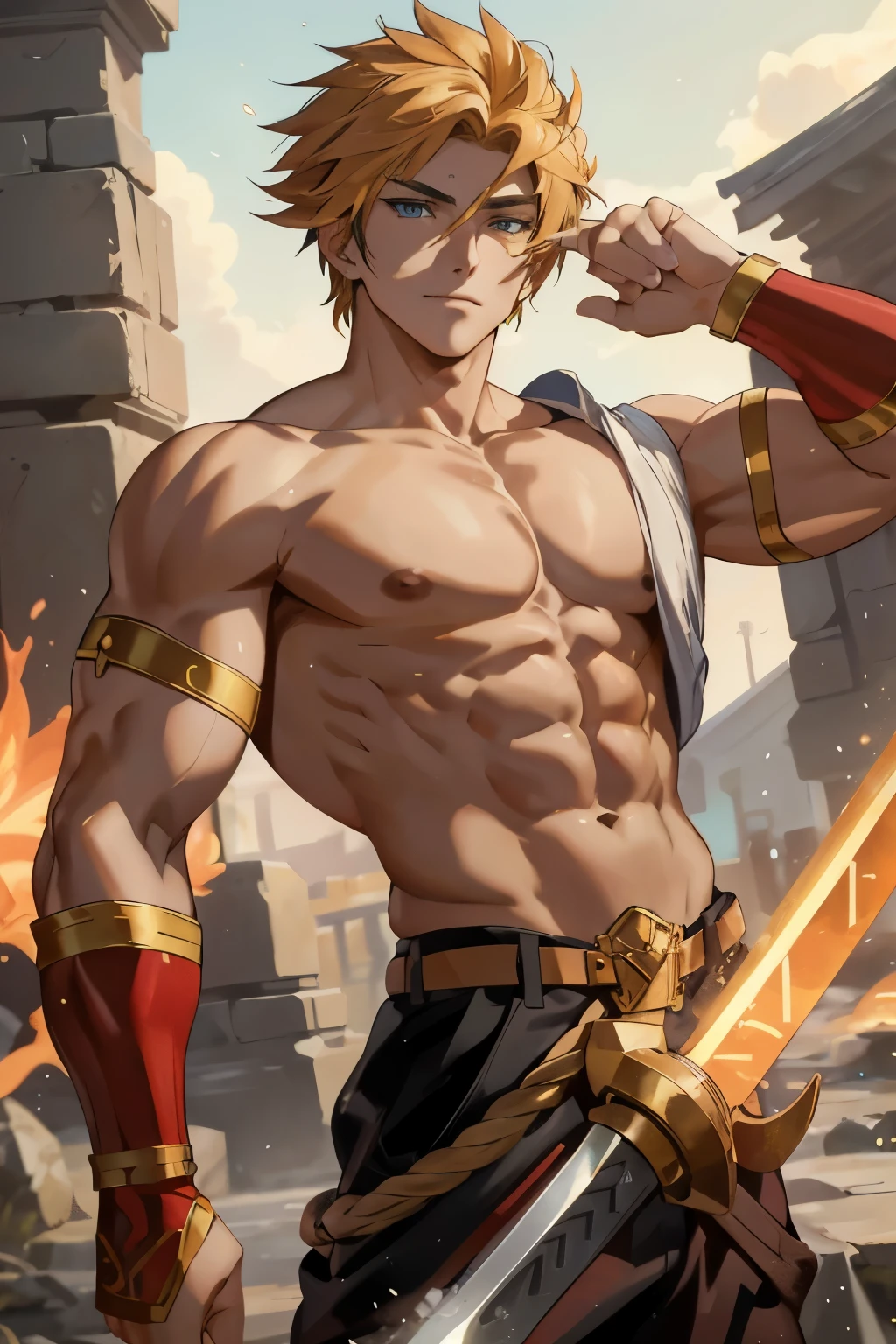 Anime-style Adventurer, Leon: A 20-year-old man with luminous golden hair and mesmerizing sapphire eyes, embodying the essence of adventure. The captivating portrait, styled in classic anime art, showcases his chiseled physique and the impressive musculature of his chest, all meticulously rendered in 4K resolution. He proudly wields a gleaming sword, his arms posed heroically in the iconic Chai-ri stance. Nearby, a coil of rope hints at potential SM escapades or adventurous circumstances. The image, a masterpiece of anime artistry, is intricately detailed with every curve