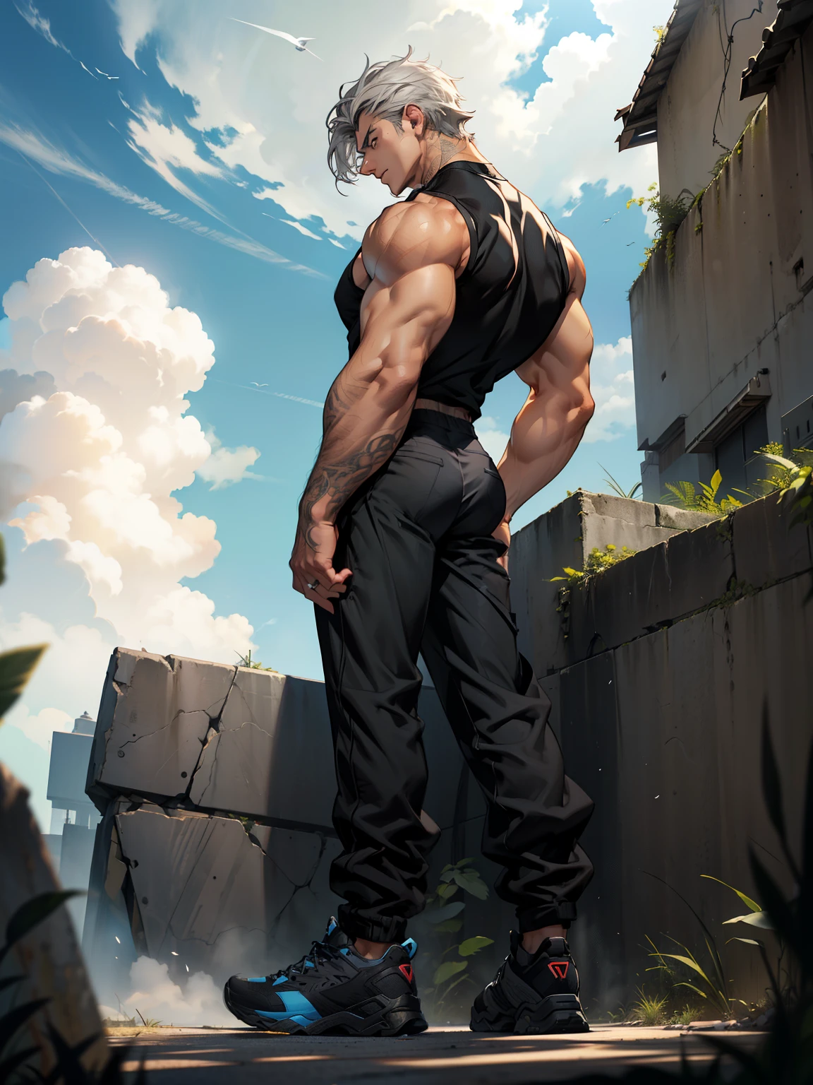 boys 26 Years old, Serious face, gray hair, medium hair style, wearing ((singlet t-shirt)), ((black long pants)), levitate on sky, blue sky, cloud