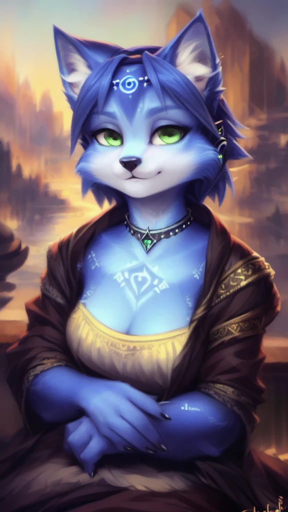 A beautiful and detailed (sweet portrait) von ((Krystal)), Sternenfuchs Krystal, Schlank, liebenswert, green eyes, medium breasts, (((Lange blaue Haare 1.3))),  ((schwarze haarspitzen)), Dekollete, Grinsen, hoch schauen,, anthro, Pelzig, Hochgeladen E621, detailed flauschige fur, (von Fluff-Kevlar, Bayard Wu, Personalami, Pino Daeni), detailliertes Gesicht, (flauschige), 1 girl, Allein, 