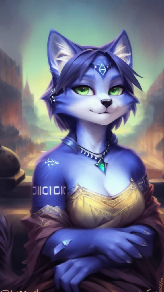 A beautiful and detailed (sweet portrait) von ((Krystal)), Sternenfuchs Krystal, Schlank, liebenswert, green eyes, medium breasts, (((Lange blaue Haare 1.3))),  ((schwarze haarspitzen)), Dekollete, Grinsen, hoch schauen,, anthro, Pelzig, Hochgeladen E621, detailed flauschige fur, (von Fluff-Kevlar, Bayard Wu, Personalami, Pino Daeni), detailliertes Gesicht, (flauschige), 1 girl, Allein, 