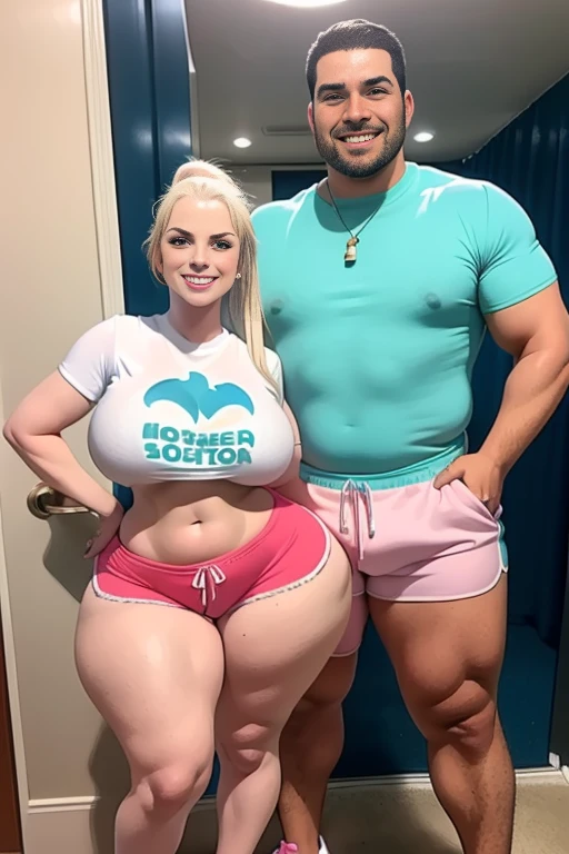 High resolution, (((two people in picture))), (one is a mature white girl, (((bimbo))), thick, long blonde, ponytail, she is smiling , very big wide hips, thick thighs, hourglass figure, small round breast, ((she's wearing dolphin shorts))), (the other is a young muscular man, he's in shorts and a T-shirt, the man standing beside her, (((he's standing very close to her))), (((they're both looking at the viewer smiling))), (((he's groping her hip)))