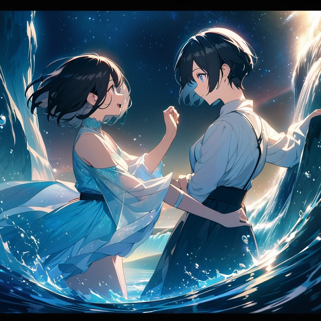 anime、Vibrant colors、beautiful girl、Black Hair、A face that retains its youthfulness、short hair、Her hair is cut short, just short of her shoulders、Bright eyes、Sparkling eyes、A cheerful smile、Gazing into the distance、profile、dancing、Clear water flows like a waterfall、Fantastic World、night、Starry Sky