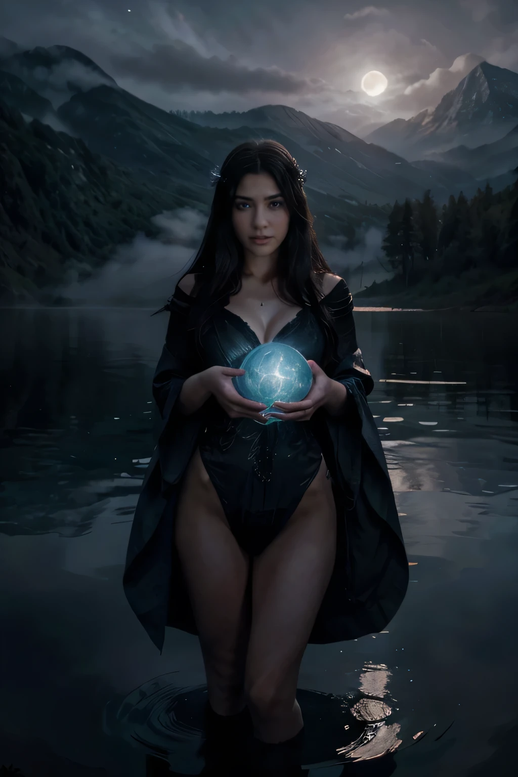 An alluring sorceress stands amidst swirling mists at the edge of a moonlit lake, her robes billowing around her like ethereal clouds, while holding a glowing orb in one hand and her mesmerizing gaze drawing the viewer into a realm of enchantment.