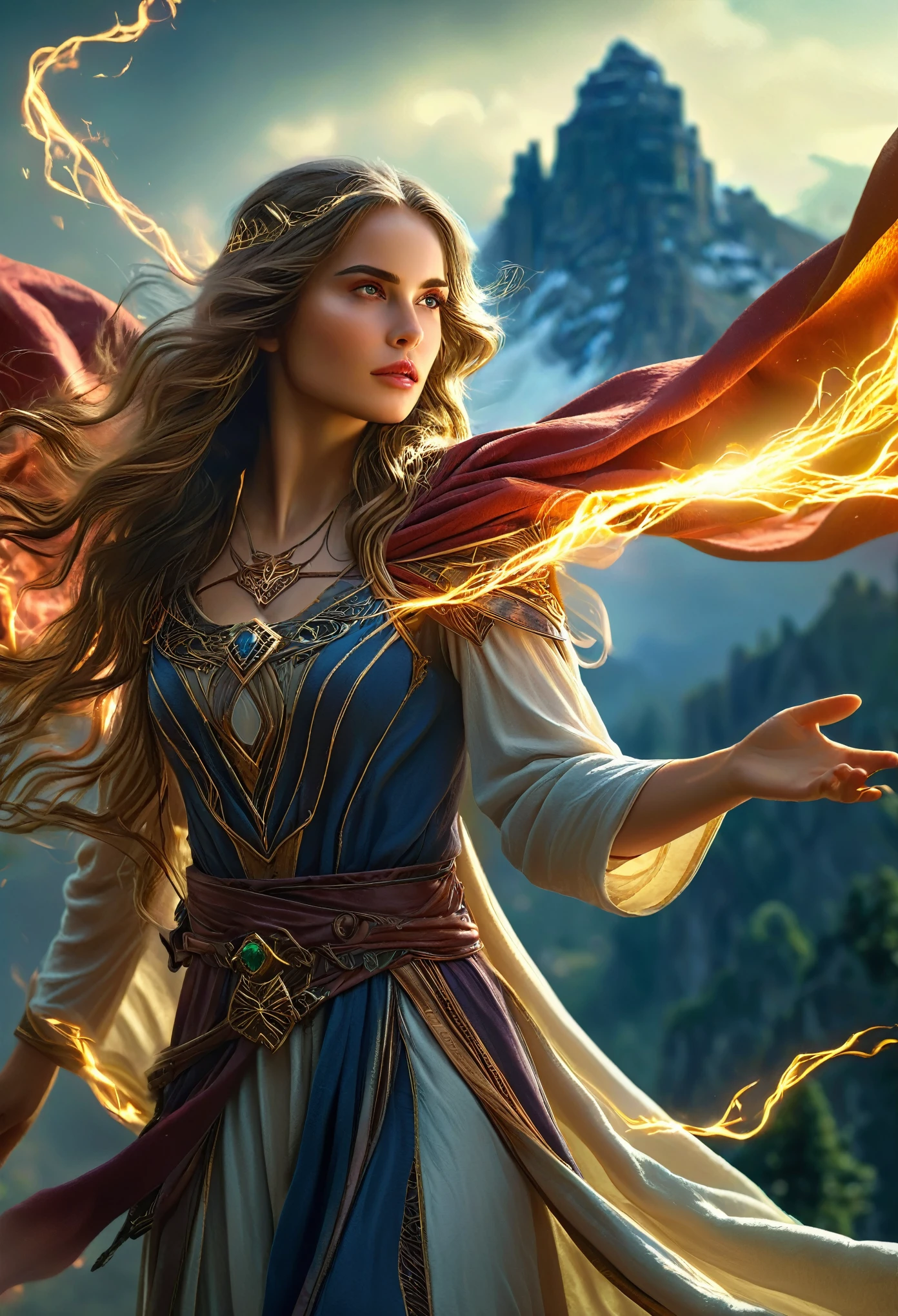 (best quality,4k,8k,highres,masterpiece:1.2),ultra-detailed,(realistic,photorealistic,photo-realistic:1.37), a beautiful young female mage with long flowing hair, elegant robes, and a mystical aura, intricate magical effects, glowing magical energy, detailed fantasy landscape with towering mountains, lush forests, and magical ruins, cinematic lighting, dramatic camera angles, (best quality,4k,8k,highres,masterpiece:1.2),ultra-detailed,(realistic,photorealistic,photo-realistic:1.37),fantasy,magic,highly detailed magical girl,beautiful detailed eyes,beautiful detailed lips,extremely detailed eyes and face,longeyelashes,dramatic lighting,cinematic composition,dynamic pose,stunning colors,digital painting