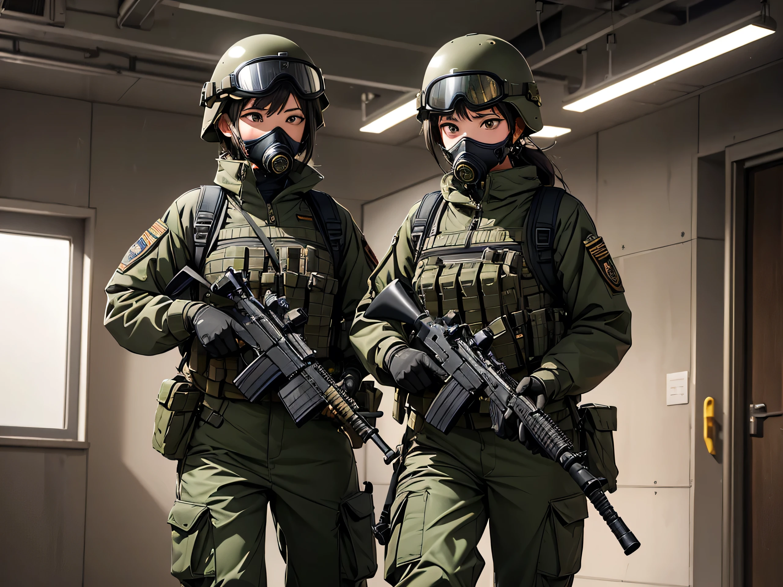 Female special forces soldiers wearing gas masks in combat、Open your feet、Put on a helmet、Wear goggles、M51 Military Uniform,front,military trousers、ammo pouch、Tactical harness、Write details、masterpiece、best quality、Highly detailed CG、8K picture quality、theater lighting、lens flare
