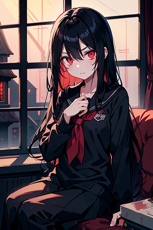 anime, black hair, night, window, blood on the face, assassin, long hair, evil, , blood, solo, red eyes, beautiful eyes, rosy face, horror, distant camera, school, sitting at the window,
