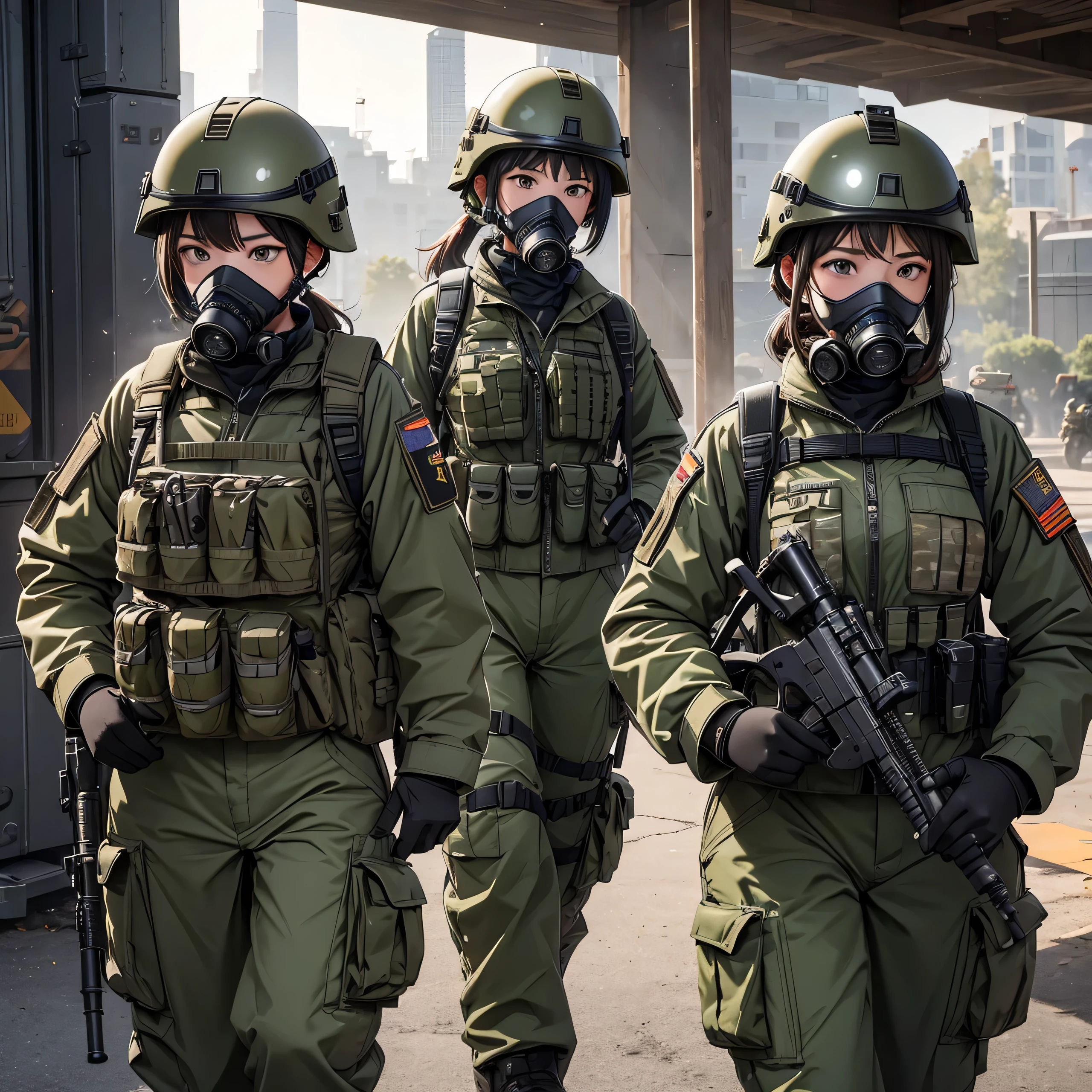 A team of female soldiers wearing special forces helmets、patrol、M51 Military Uniform、military trousers、Magazine Pouch、Tactical harness、Gas Mask、Write details、masterpiece、best quality、Highly detailed CG、8K picture quality、theater lighting、lens flare