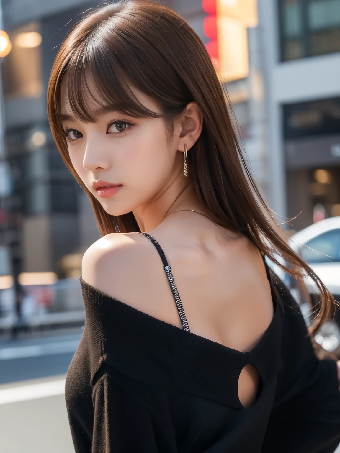 Ultra High Definition, Superior Quality, Premier Quality, ultra detailed, Photorealistic, 8k, RAW Photos, highest quality, masterpiece, Attractive girl, Stunning girl, Brown Hair, Shoulder Length Layered, asymmetrical bangs, K-pop Idol, Sophisticated girl, Black knit, Shibuya,