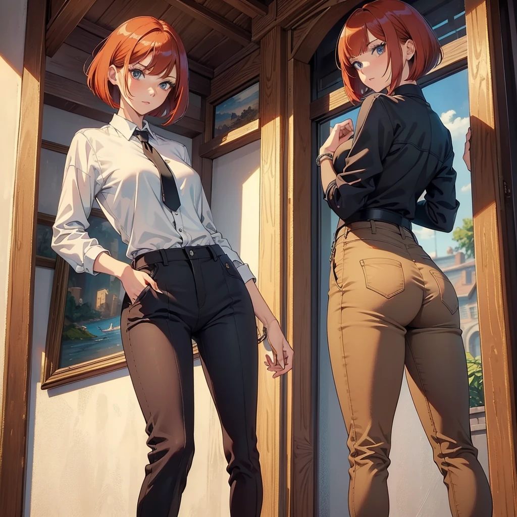 ((best quality)), ((masterpiece)), (detailed),High quality, Ultra detailed, best quality, insanely detailed, beautiful, masterpiece,tall,redhead,bob cut tall woman,short hair,(GURKHA PANTS),casual