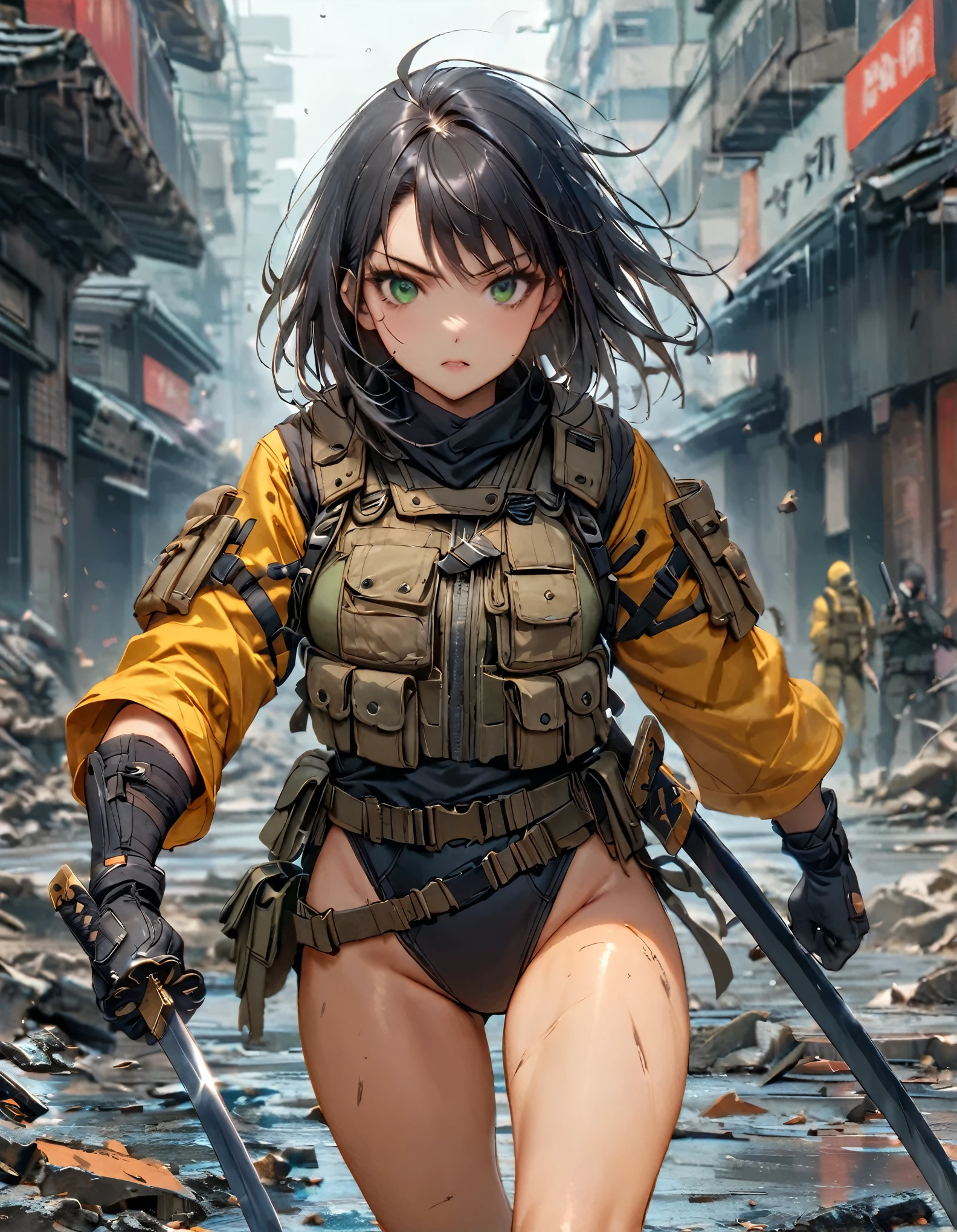 black gloves, holding sword