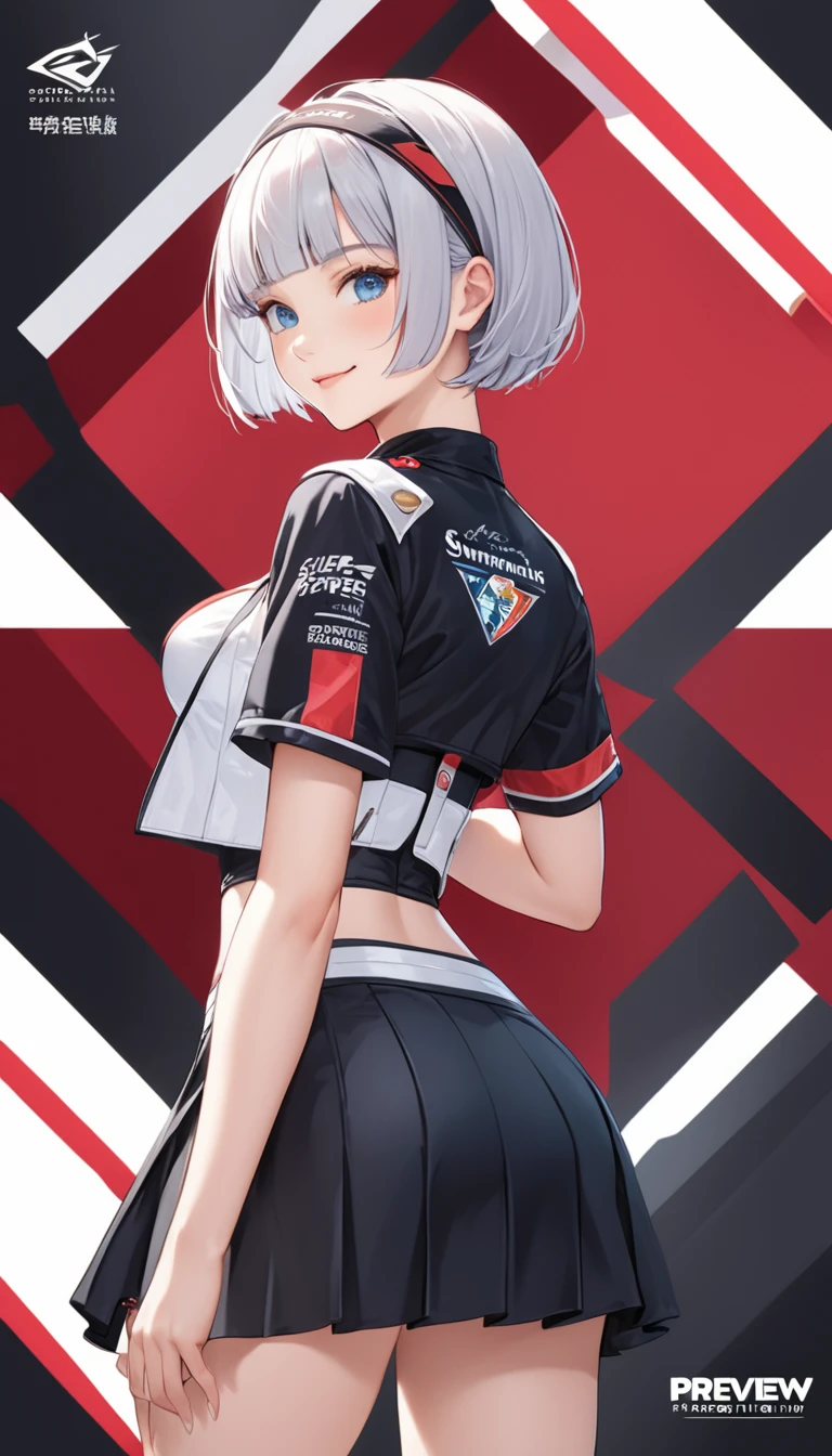 One Girl、 (((black skin))), Beautiful silver hair、((((Very short hair))))、blue eyes、(hair band)、(((Blunt bangs))), 24-years-old, (((Sunburned))), Tight waist、Monte Carlo Street Circuit, Racing Car, Racing Bike, Promotion Girl, Grid Girls, The promotional costumes are exquisitely tailored., paying meticulous attention to detail, Lace-up boots, Short sleeve, Cropped tops, , Tube top bra, Knee-length, Exposing shoulders, Knee-lengthグリッターナイロンプリーツスカート, Asymmetrical medium size nylon pleated skirt, Promotional wear with logo, Red and white glitter promotional wear、((Medium chest)), smile、Fine details, (((Underbust))), smile、sexy pose, bewitching pose, arched back, back shot,
