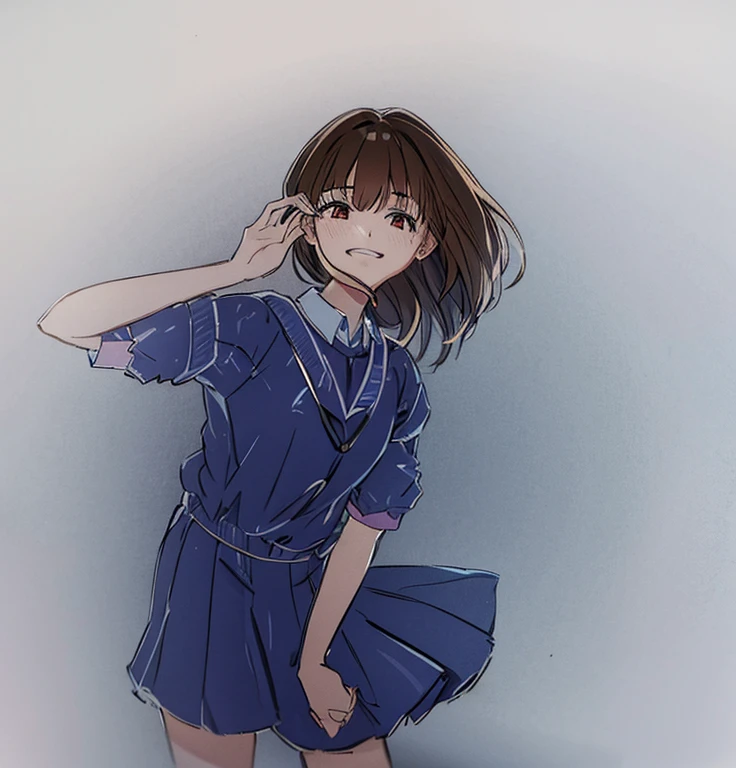 Anime 20 years old girl, highschool girl outfit, brown hair and eyes, school in background