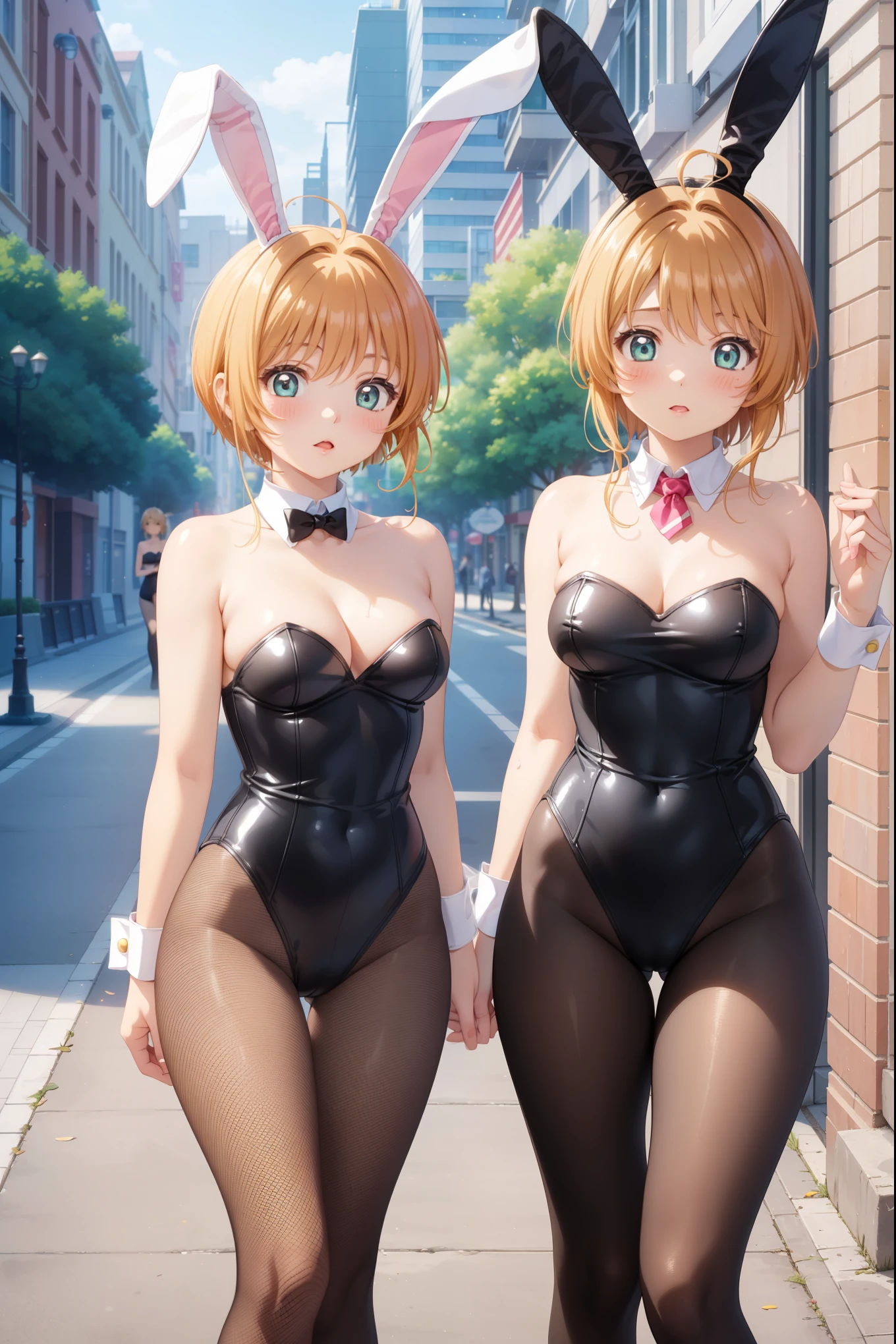 masterpiece, best quality, highres, (2girls), (multiple girls), detailed face, blush, anime CG style, (medium breasts), (18 year old girl:1.3), (aged up), good lighting, perfect body, sakura kinomoto, glossy lips, city street, strapless leotard, detached collar, wrist cuffs, (fishnet tights), bunny ears, (curvy)