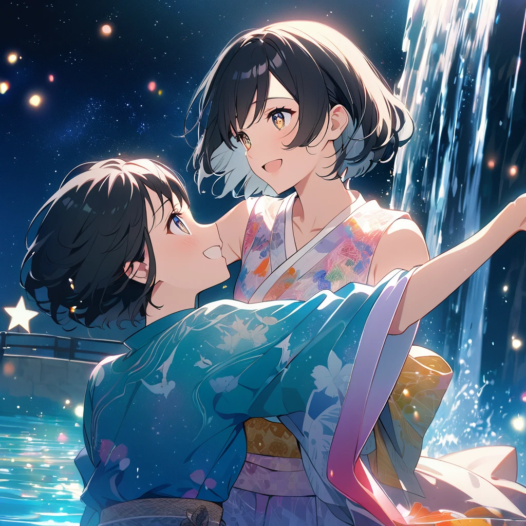 anime、Vibrant colors、beautiful girl、、Black Hair、A face that retains its youthfulness、short hair、Her hair is cut short, just short of her shoulders、Bright eyes、Sparkling eyes、A cheerful smile、Gazing into the distance、profile、dancing、Clear water flows like a waterfall、Fantastic World、night、Starry Sky、kimono