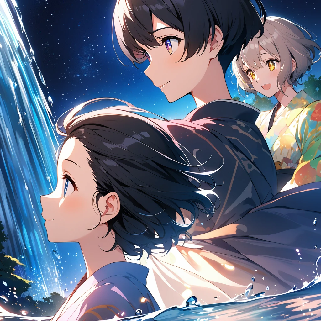 anime、Vibrant colors、beautiful girl、15 years old、Black Hair、A face that retains its youthfulness、short hair、Her hair is cut short, just short of her shoulders、Bright eyes、Sparkling eyes、A cheerful smile、Gazing into the distance、profile、dancing、Clear water flows like a waterfall、Fantastic World、night、Starry Sky、kimono