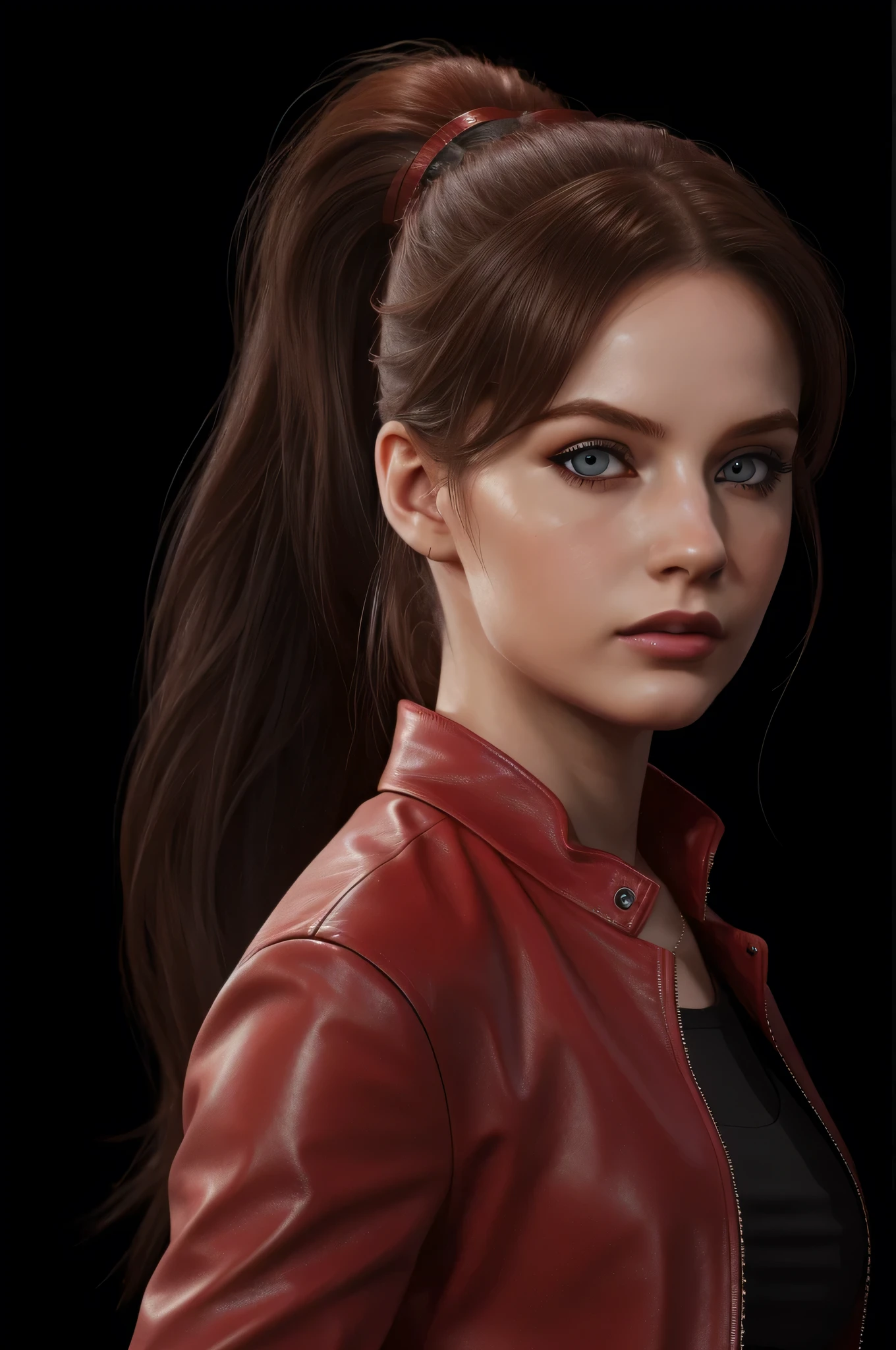 woman with ponytail,Auburn hair, pale,soft body,eyeliner,portrait, beautiful woman, beautiful female ,beautiful classy woman ,eyeliner,wonderful highly detailed masterpiece, elegant, digital painting, smooth, dramatic lighting, ultra realistic, 8k, art , blur backgrond, black background ,black background,black wallpaper,wearing red leather jacket