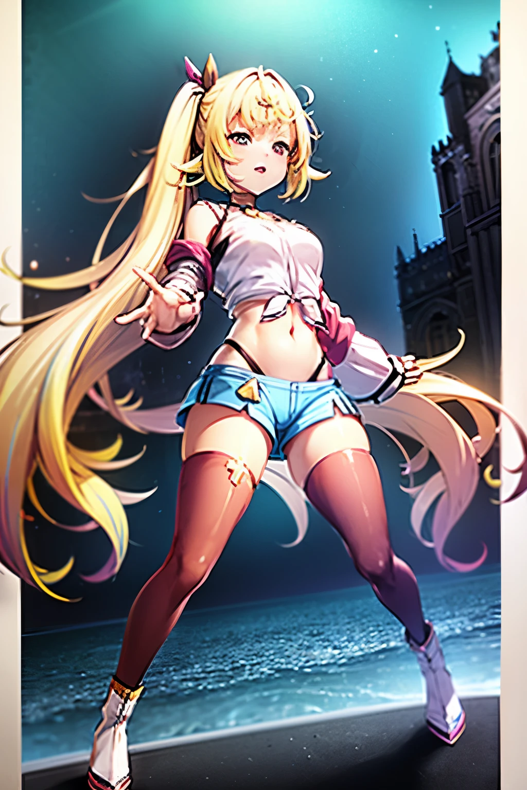 Blonde Hair,Side Tail、 Odd-eye choker with red and yellow eyes, belly button, chestの谷間, Thighs, Pelvic Curtain,hot pants、Light blue shorts、He is wearing a white hoodie.、 (Realistic:0.5), chest, perfect chest, large chest,(Super detailed)), ((figure)), ((Disheveled Hair)), (beautiful detailed eyes beautiful, wonderful, Fine grain, Perfect fingertips))), (Realistic:0.5), highest quality, woman, seductive Anime Girls, chest and Browsing Caution, Beautiful and attractive anime woman, Beautiful and attractive anime , (Anime Girls), with a large chest, [ 4k digital art ]!!, attractive Anime Girls, beautiful Anime Girls, , Anime Girls, Anime Girlss, Kantai Collection Style, masterpiece, Browsing Caution, highest quality, masterpiece, highest quality,Official Art,Highly detailed GC Unity 8k wallpaper, I slicked my hair back., Earrings, necklace, View Viewer, Bokeh Background,Body-facing camera, very elaborate body, Full body details,(masterpiece), highest quality, Expressive eyes, Perfect Face,