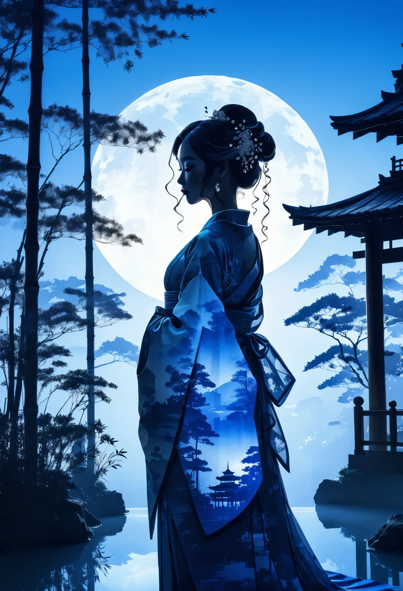 (((silhouette art:1.4))), 1Bride attire, (Double Exposure:1.3), A restaurant wedding overlooking a Japanese garden with a bamboo forest, blue Moon, (Close-up), improve, complex, (best quality, masterpiece, representative work, official art, professional, unified 8k wallpaper:1.3)