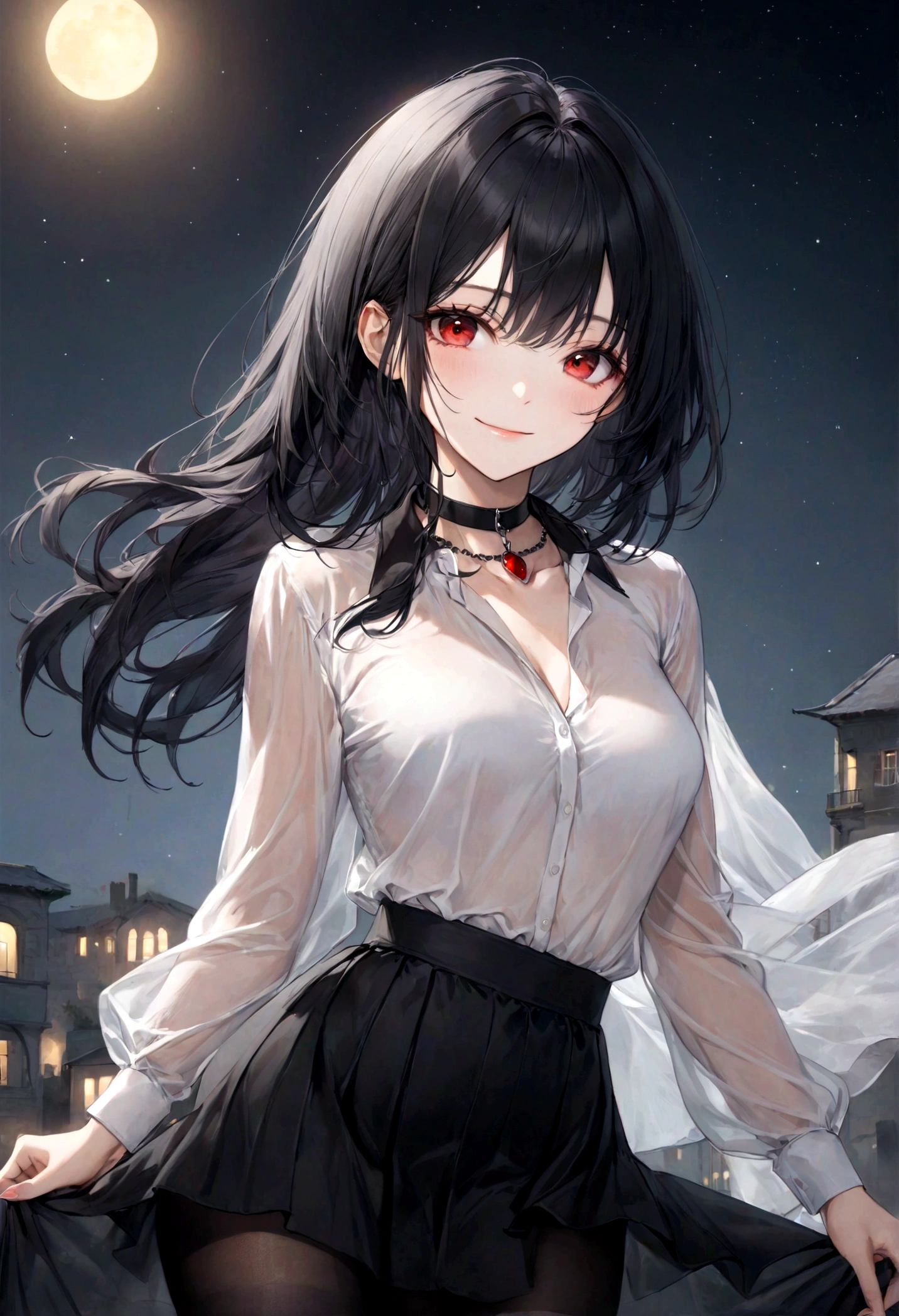 (top-quality)), ((masterpiece)), ((ultra-detailliert)), (extremely delicate and beautiful), jet black hair, long straight black hair, beautiful sexy woman, gentle smile, elegant expression, red eyes, black collar necklace, sheer crisp white shirt, wearing black jacket over shirt, black skirt, sheer black stockings, night sky background