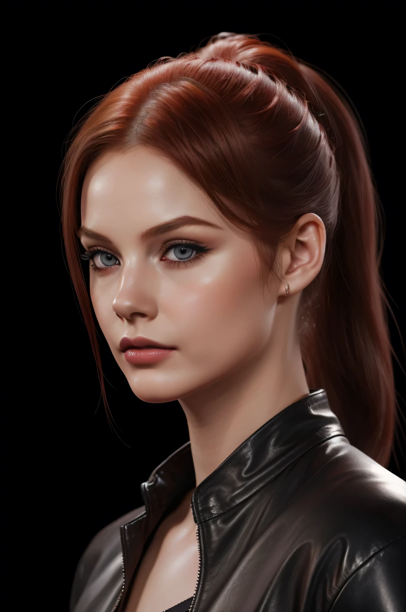 woman with ponytail,Auburn hair, pale,soft body,eyeliner,portrait, beautiful woman, beautiful female ,beautiful classy woman ,eyeliner,wonderful highly detailed masterpiece, elegant, digital painting, smooth, dramatic lighting, ultra realistic, 8k, art , blur backgrond, black background ,black background,black wallpaper,wearing red leather jacket