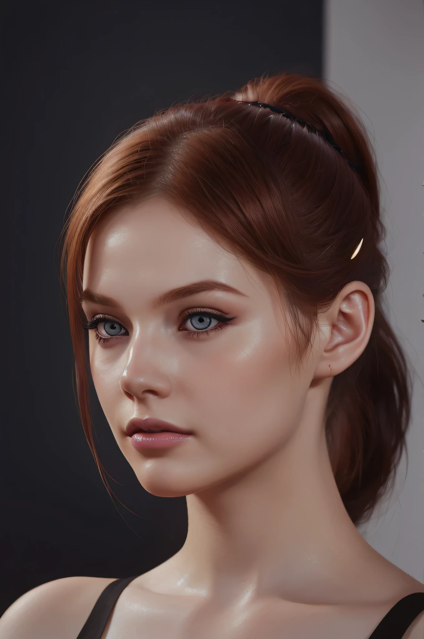 woman with ponytail,Auburn hair, pale,soft body,eyeliner, ,pale woman painting, eyeliner wonderful highly detailed masterpiece, beautiful light deep focus, elegant, digital painting, smooth, dramatic lighting, ultra realistic, 8k, art , white background, blure, bokeh