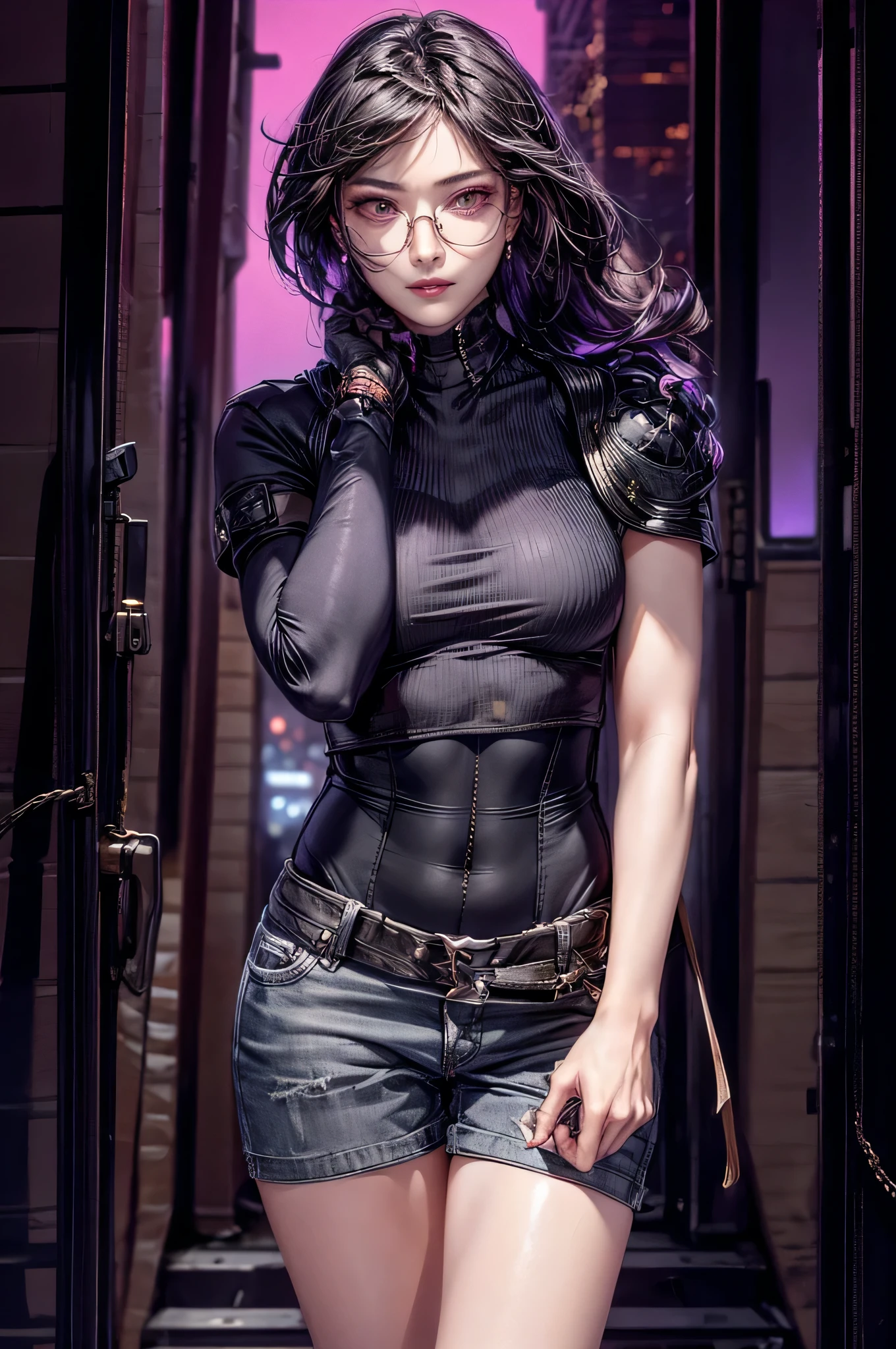 Cinema Lighting,Highly detailed skin、Beautiful quality with attention to detail,cyber punk,(replace、Dim color, Calm tone、Perfect Anatomy:1.3),(1 Beautiful Woman、Beautiful facial features down to the last detail、solo:1.3)(Black short hair、Glasses:1.5)Smile a little、(1 Hold a samurai blade in your hand)break.
Grey trench coat、Stylish stand collar white business shirt、Purple tie、Tight leather pants break.night(night、Futuristic city building rooftop、A fire broke out in a nearby building.)thick red frame glasses、Glasses、Japanese